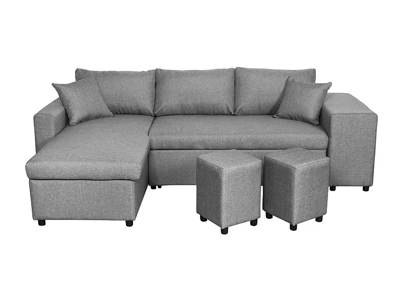Canapé d'angle 3 places réversible Oslo avec coffre et poufs droit en tissu - Gris clair - L241 x P146 x H81cm - Loungitude