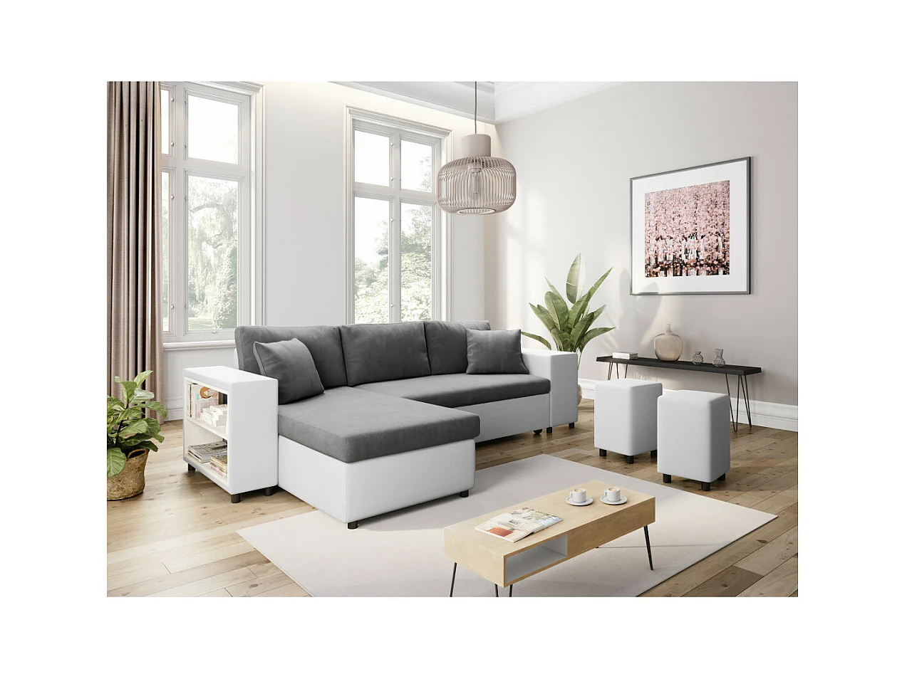 Canapé d'angle réversible Mady bimatière gris/blanc avec coffre accoudoir étagère et poufs droit - L254 x P146 x H81cm - Loungitude