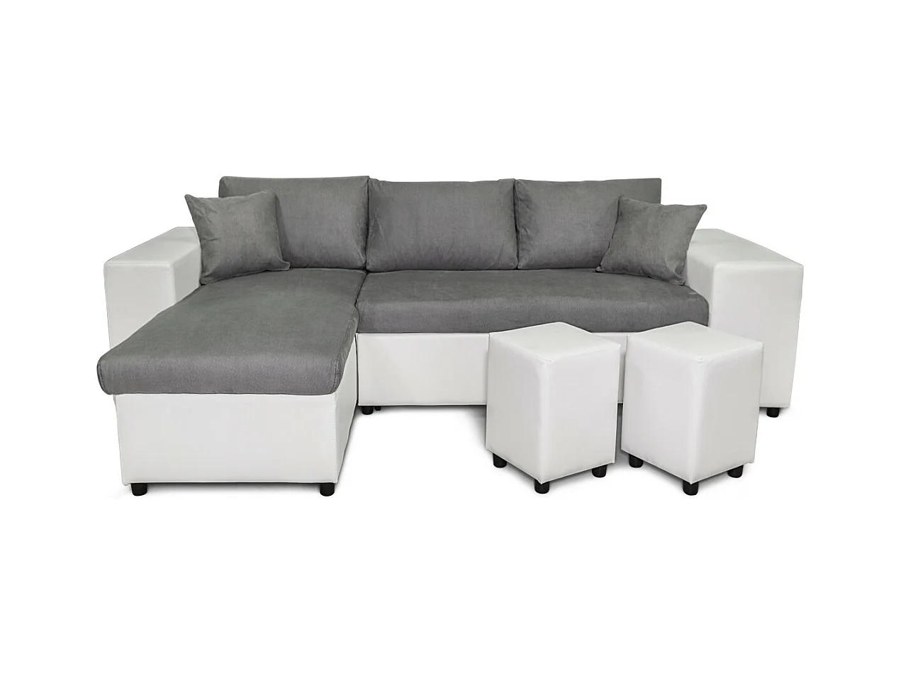 Canapé d'angle réversible Mady bimatière gris/blanc avec coffre accoudoir étagère et poufs droit - L254 x P146 x H81cm - Loungitude