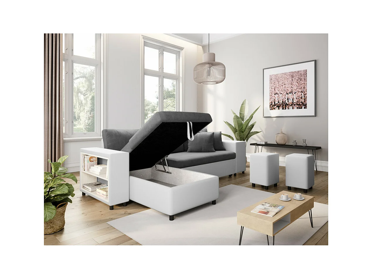 Canapé d'angle réversible Mady bimatière gris/blanc avec coffre accoudoir étagère et poufs droit - L254 x P146 x H81cm - Loungitude