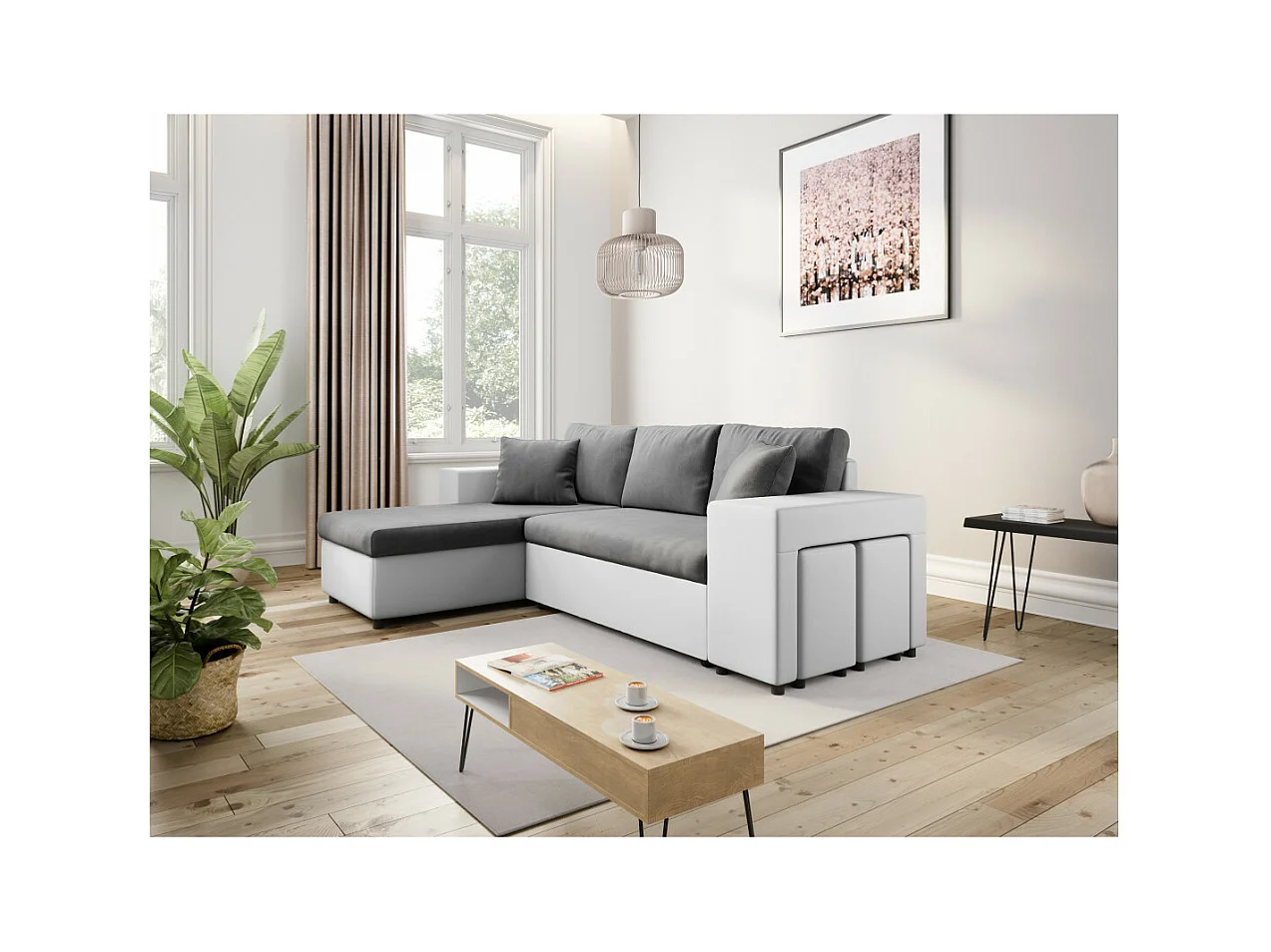 Canapé d'angle réversible Mady bimatière gris/blanc avec coffre accoudoir étagère et poufs droit - L254 x P146 x H81cm - Loungitude