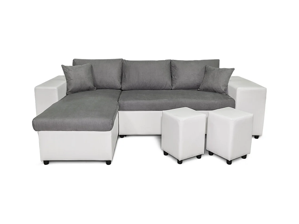 Canapé d'angle réversible Mady bimatière gris/blanc avec coffre accoudoir étagère et poufs droit - L254 x P146 x H81cm - Loungitude