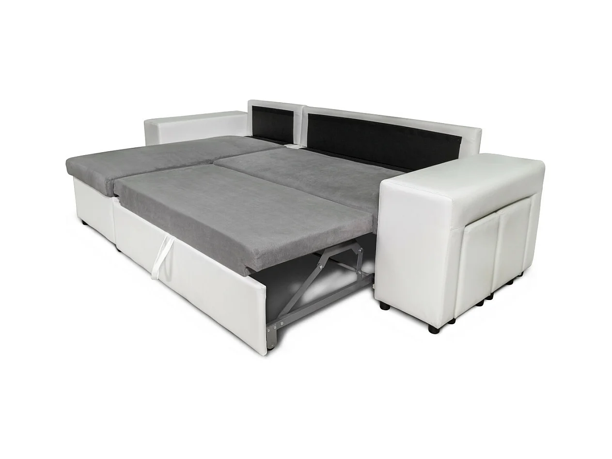 Canapé d'angle réversible Mady bimatière gris/blanc avec coffre accoudoir étagère et poufs droit - L254 x P146 x H81cm - Loungitude