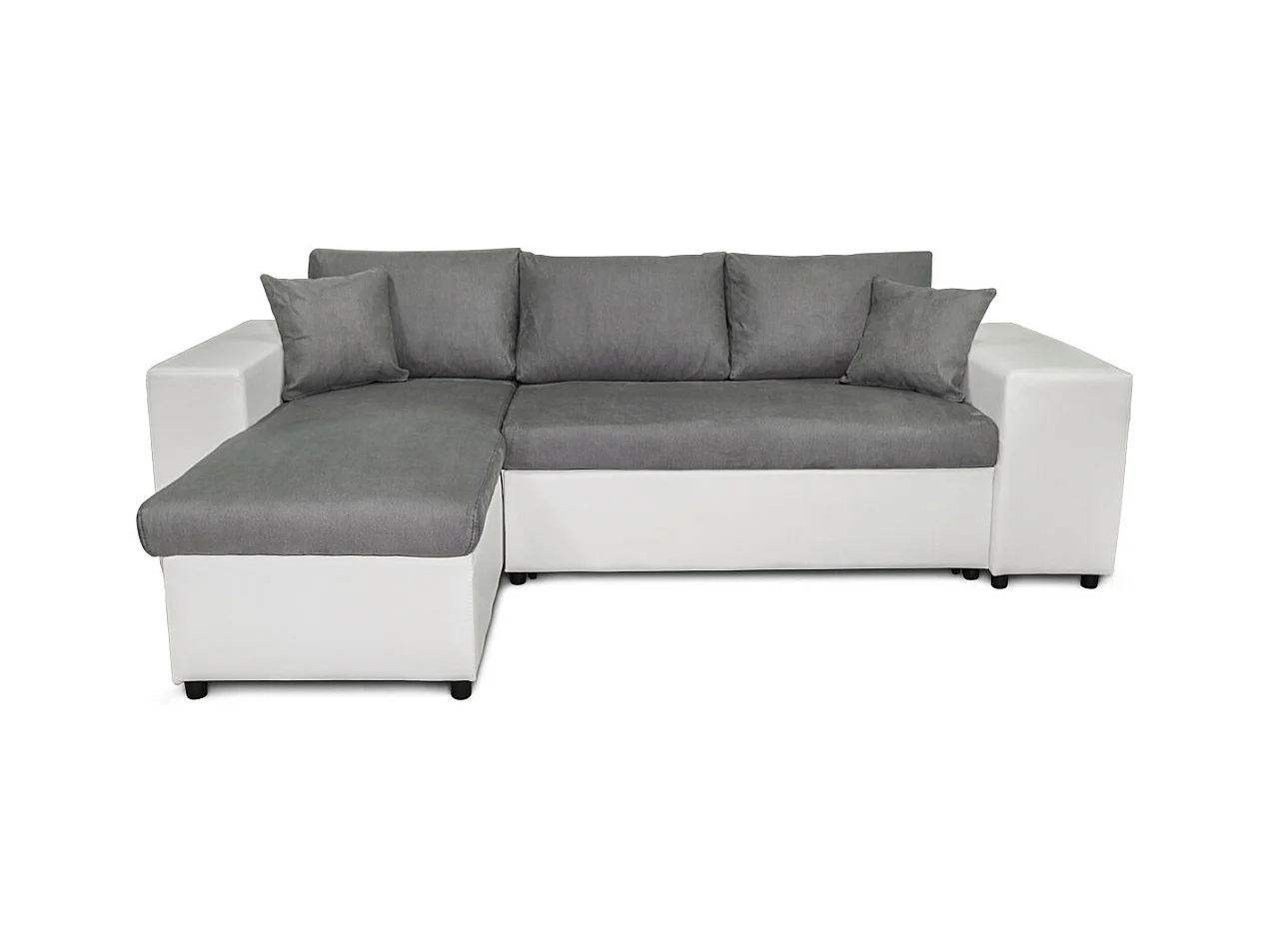 Canapé d'angle réversible Mady bimatière gris/blanc avec coffre accoudoir étagère et poufs droit - L254 x P146 x H81cm - Loungitude