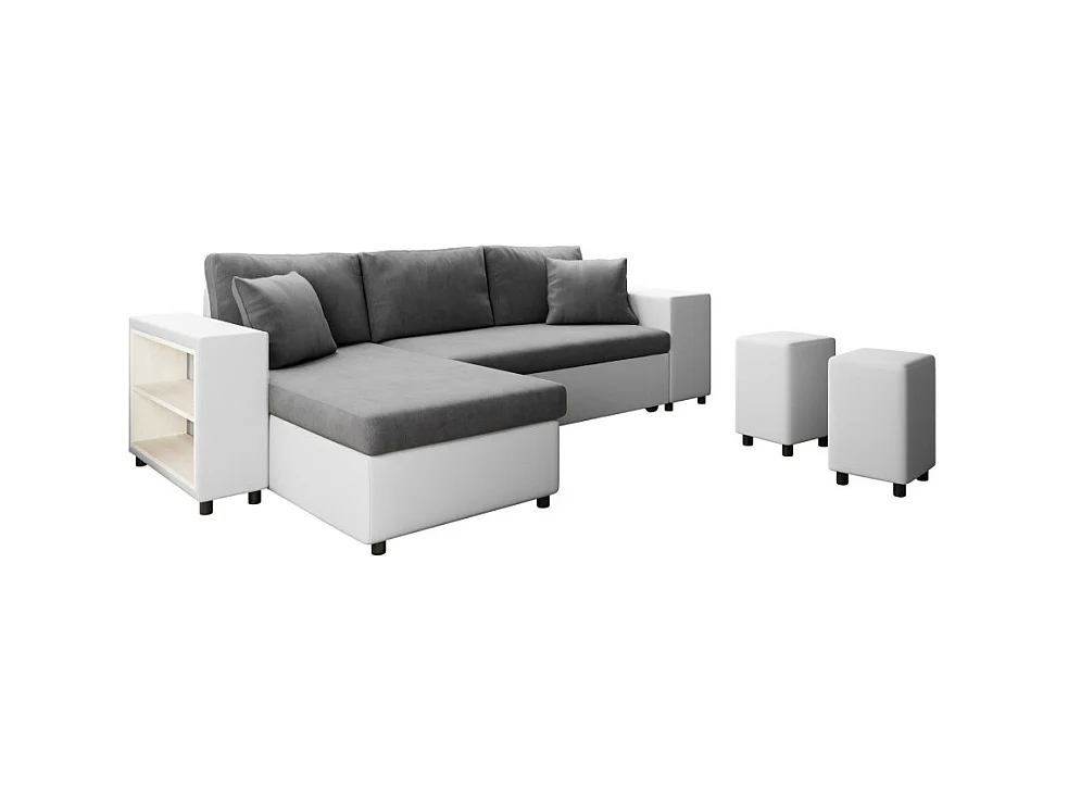 Canapé d'angle réversible Mady bimatière gris/blanc avec coffre accoudoir étagère et poufs droit - L254 x P146 x H81cm - Loungitude