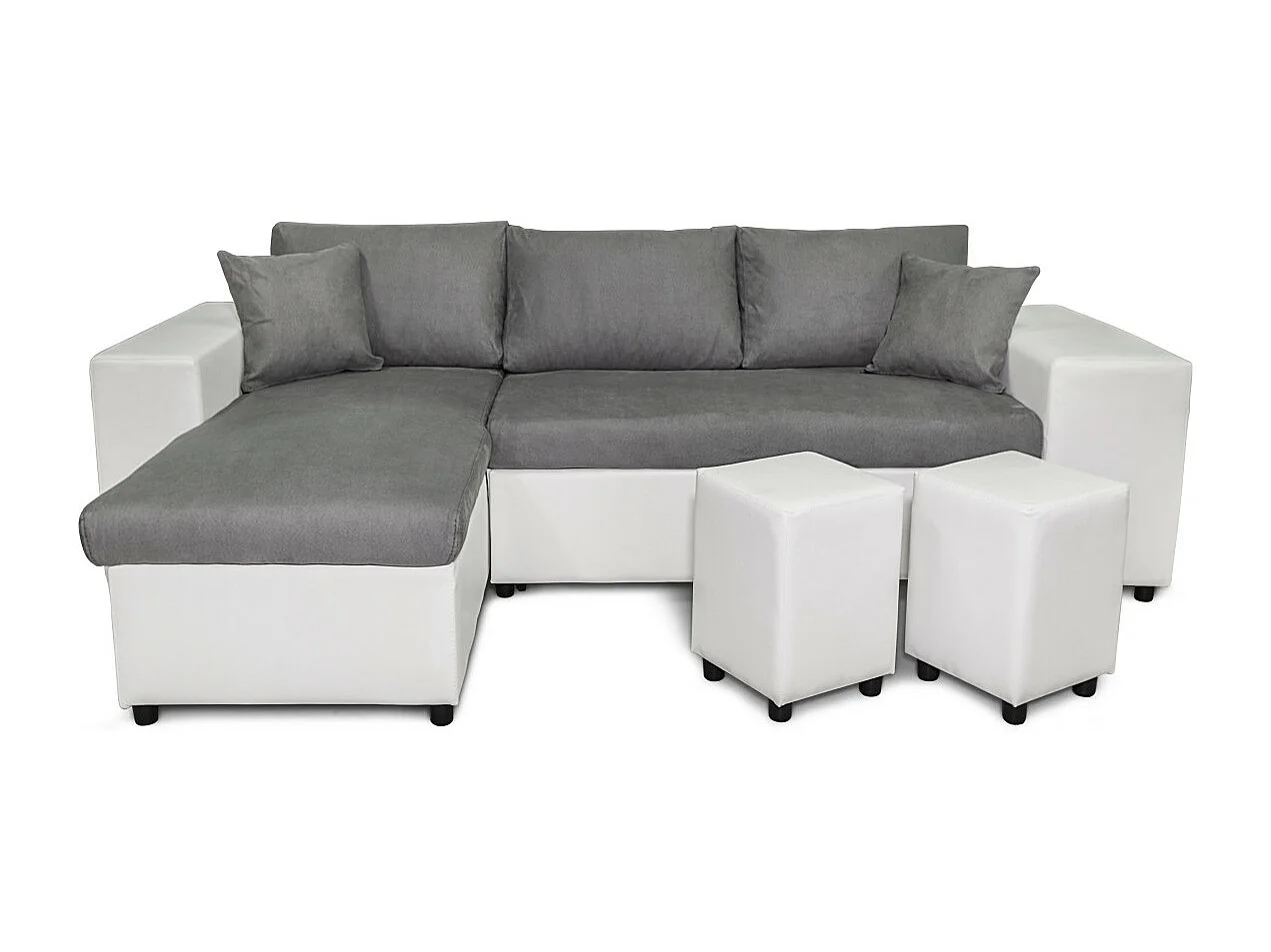 Canapé d'angle réversible Mady bimatière gris/blanc avec coffre accoudoir étagère et poufs droit - L254 x P146 x H81cm - Loungitude