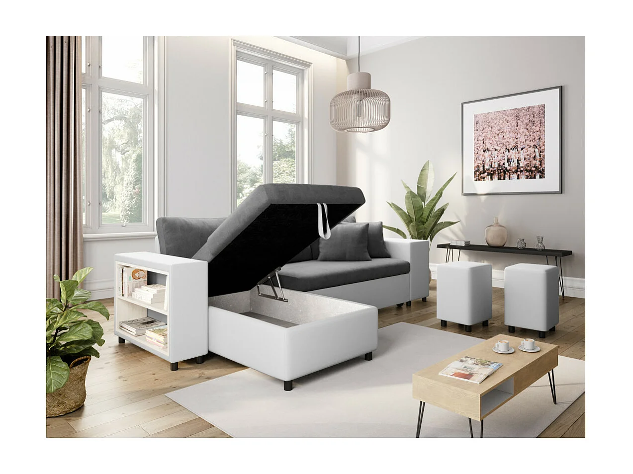 Canapé d'angle réversible Mady bimatière gris/blanc avec coffre accoudoir étagère et poufs droit - L254 x P146 x H81cm - Loungitude