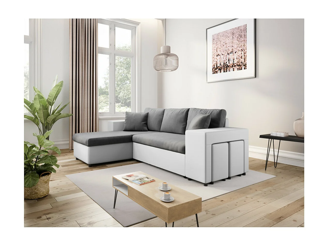 Canapé d'angle réversible Mady bimatière gris/blanc avec coffre accoudoir étagère et poufs droit - L254 x P146 x H81cm - Loungitude