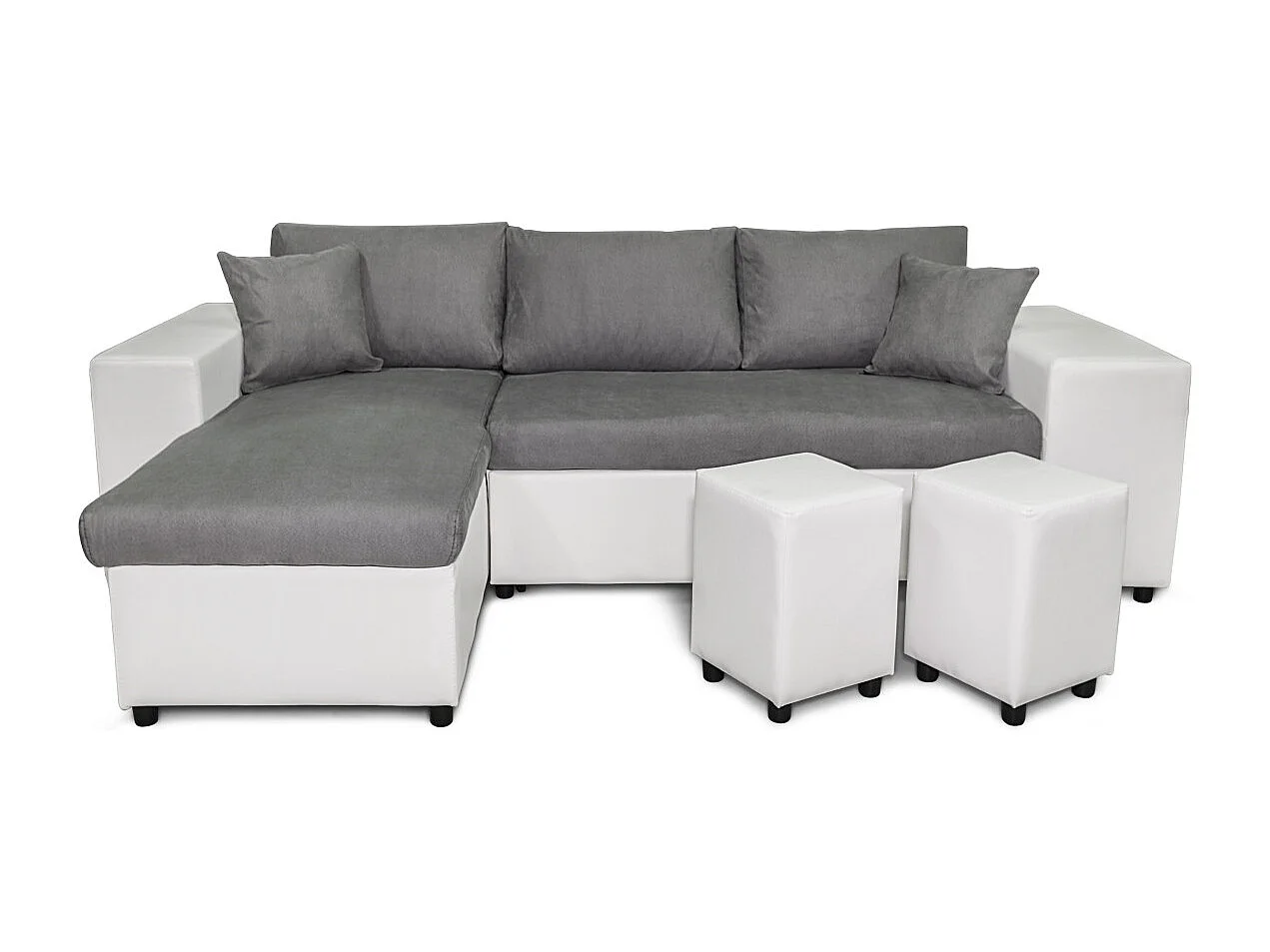 Canapé d'angle réversible Mady bimatière gris/blanc avec coffre accoudoir étagère et poufs droit - L254 x P146 x H81cm - Loungitude