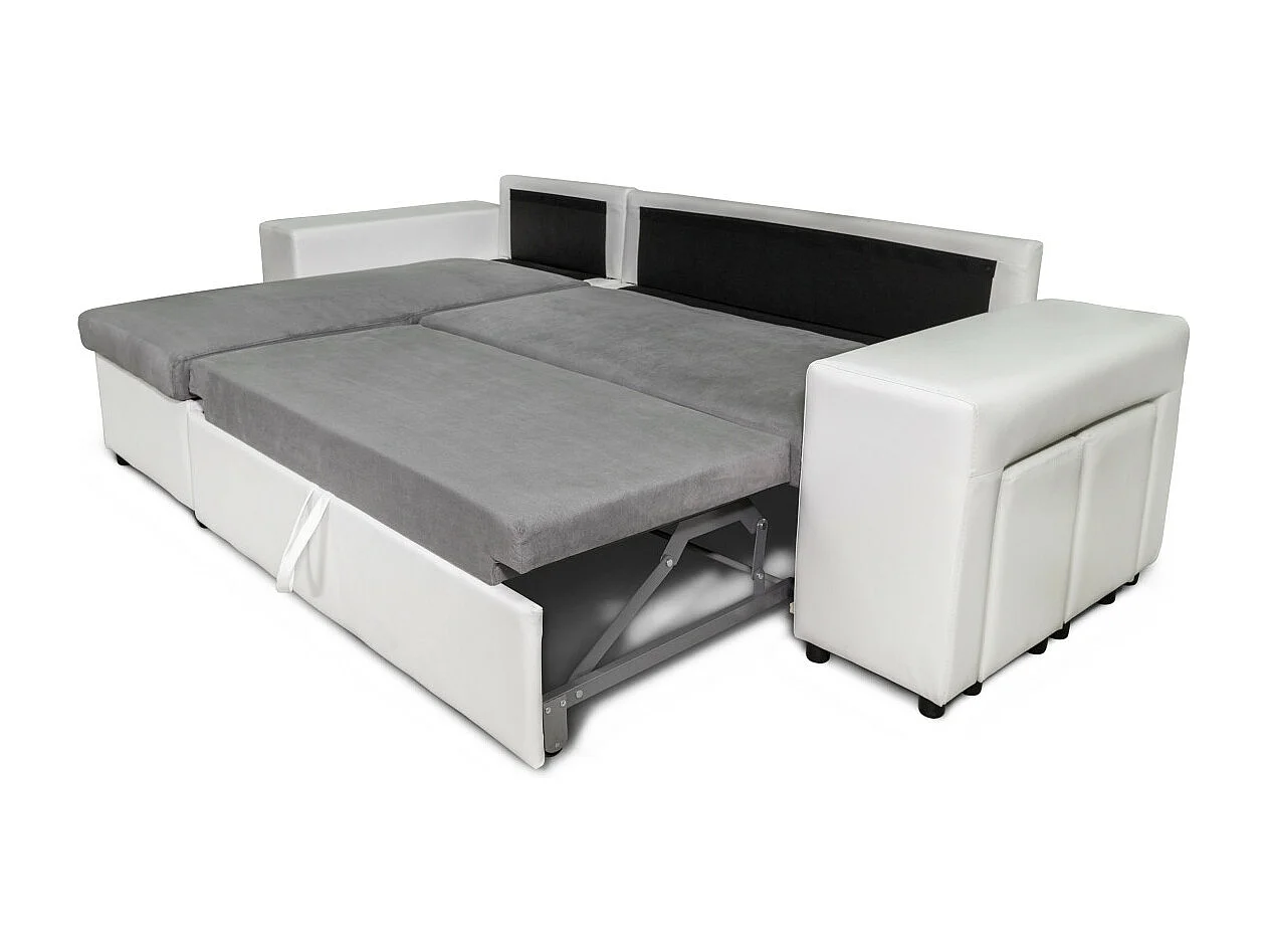 Canapé d'angle réversible Mady bimatière gris/blanc avec coffre accoudoir étagère et poufs droit - L254 x P146 x H81cm - Loungitude