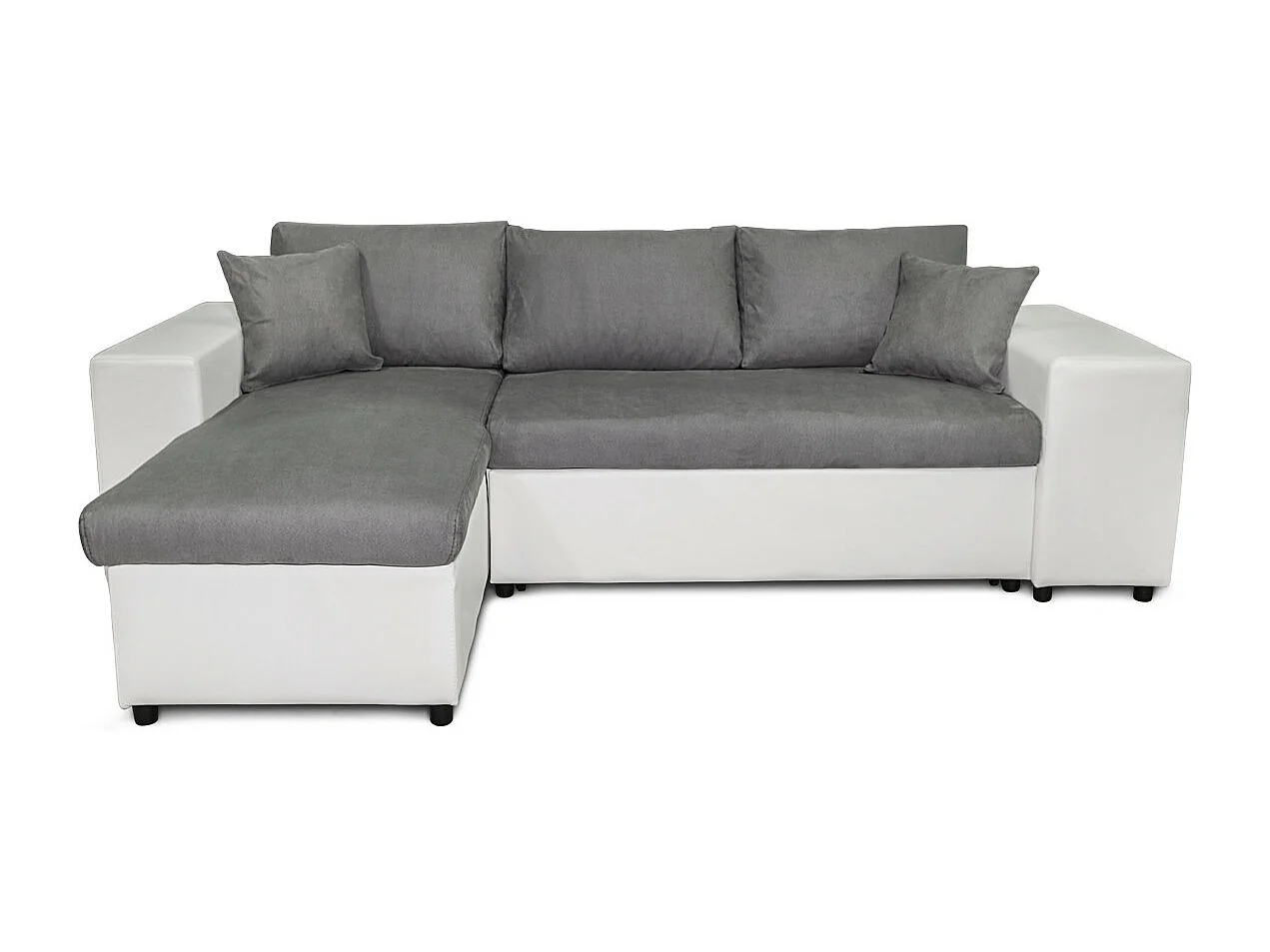 Canapé d'angle réversible Mady bimatière gris/blanc avec coffre accoudoir étagère et poufs droit - L254 x P146 x H81cm - Loungitude