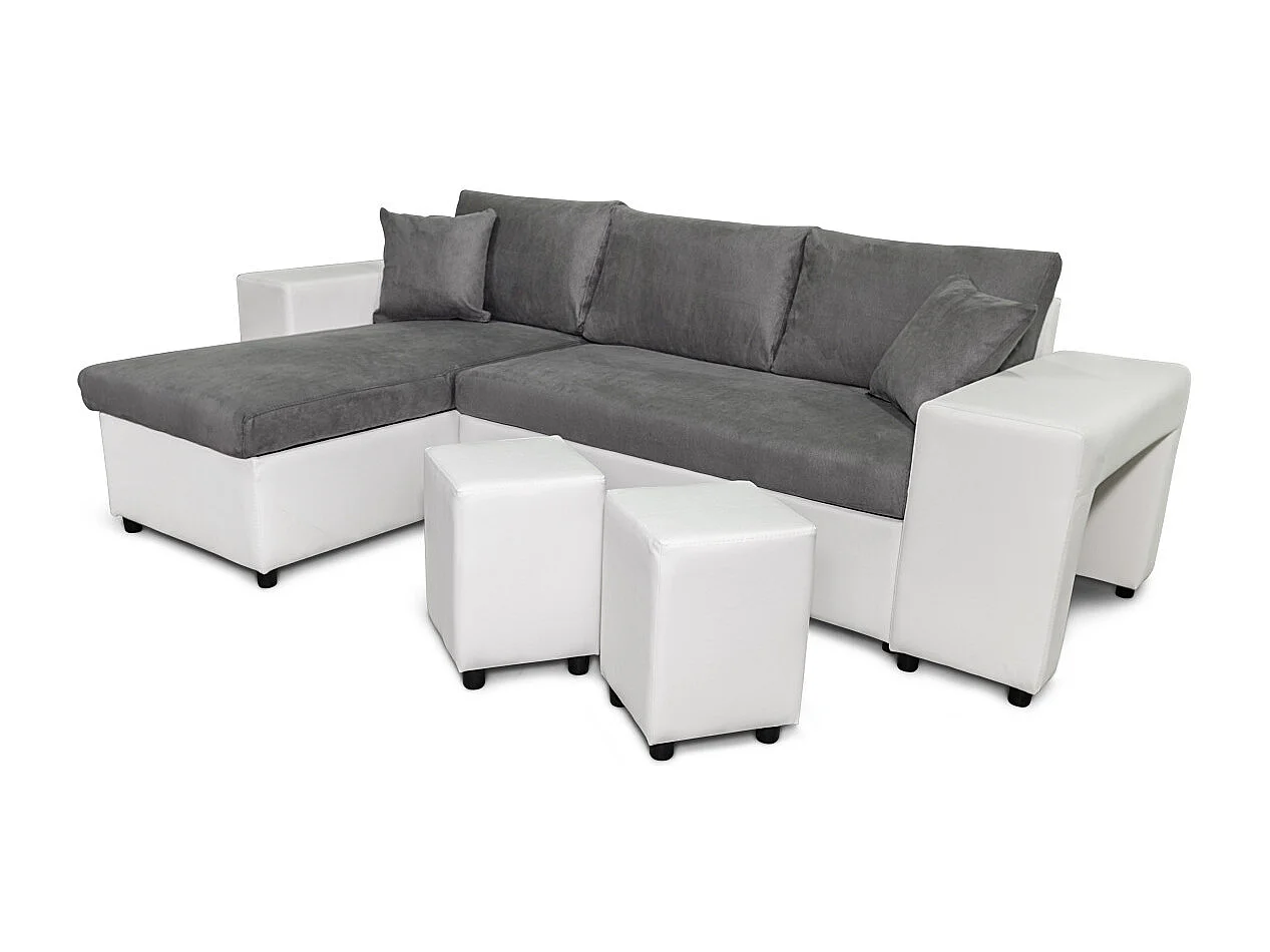 Canapé d'angle réversible Mady bimatière gris/blanc avec coffre accoudoir étagère et poufs droit - L254 x P146 x H81cm - Loungitude