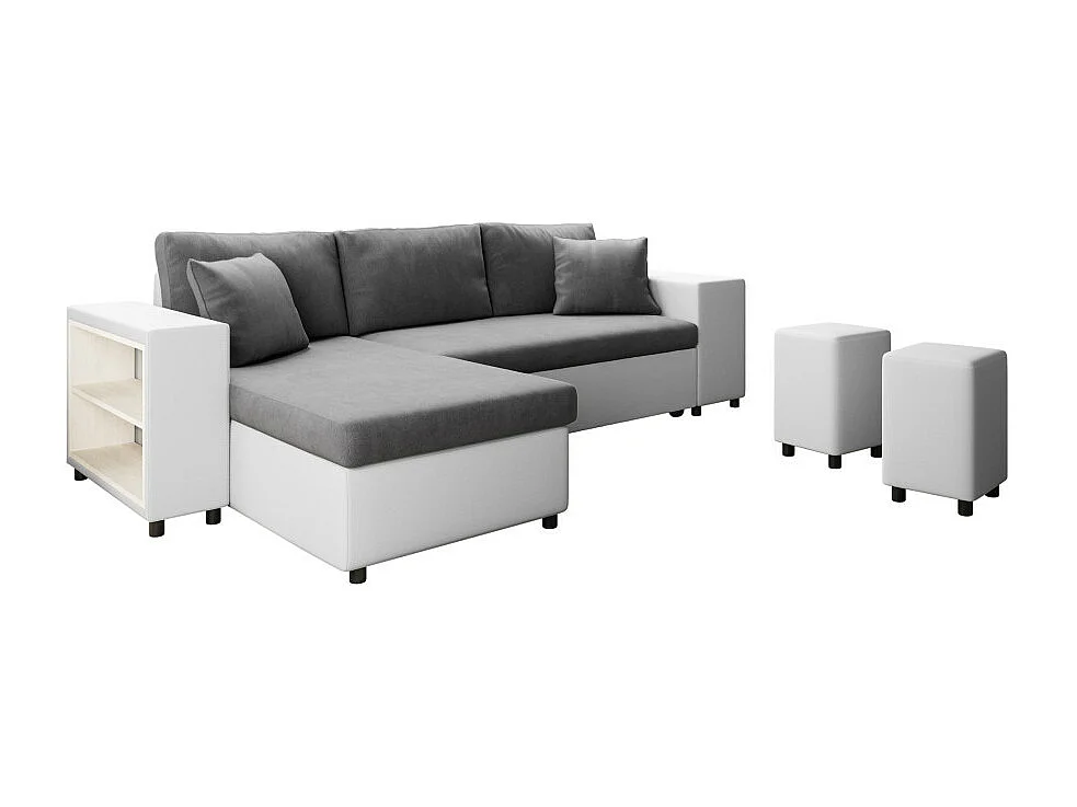 Canapé d'angle réversible Mady bimatière gris/blanc avec coffre accoudoir étagère et poufs droit - L254 x P146 x H81cm - Loungitude