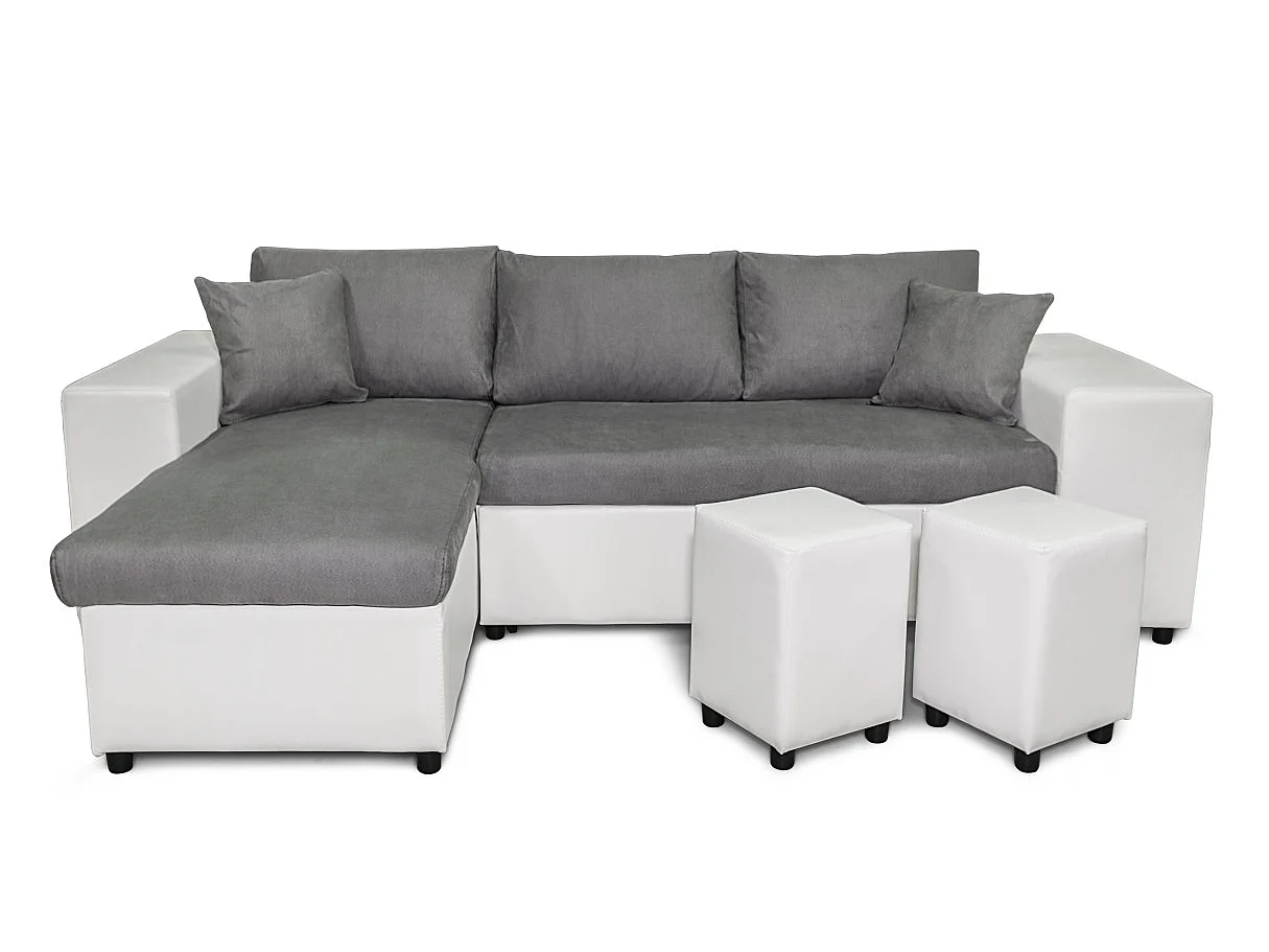 Canapé d'angle convertible 7 places avec pouf en simili cuir gris