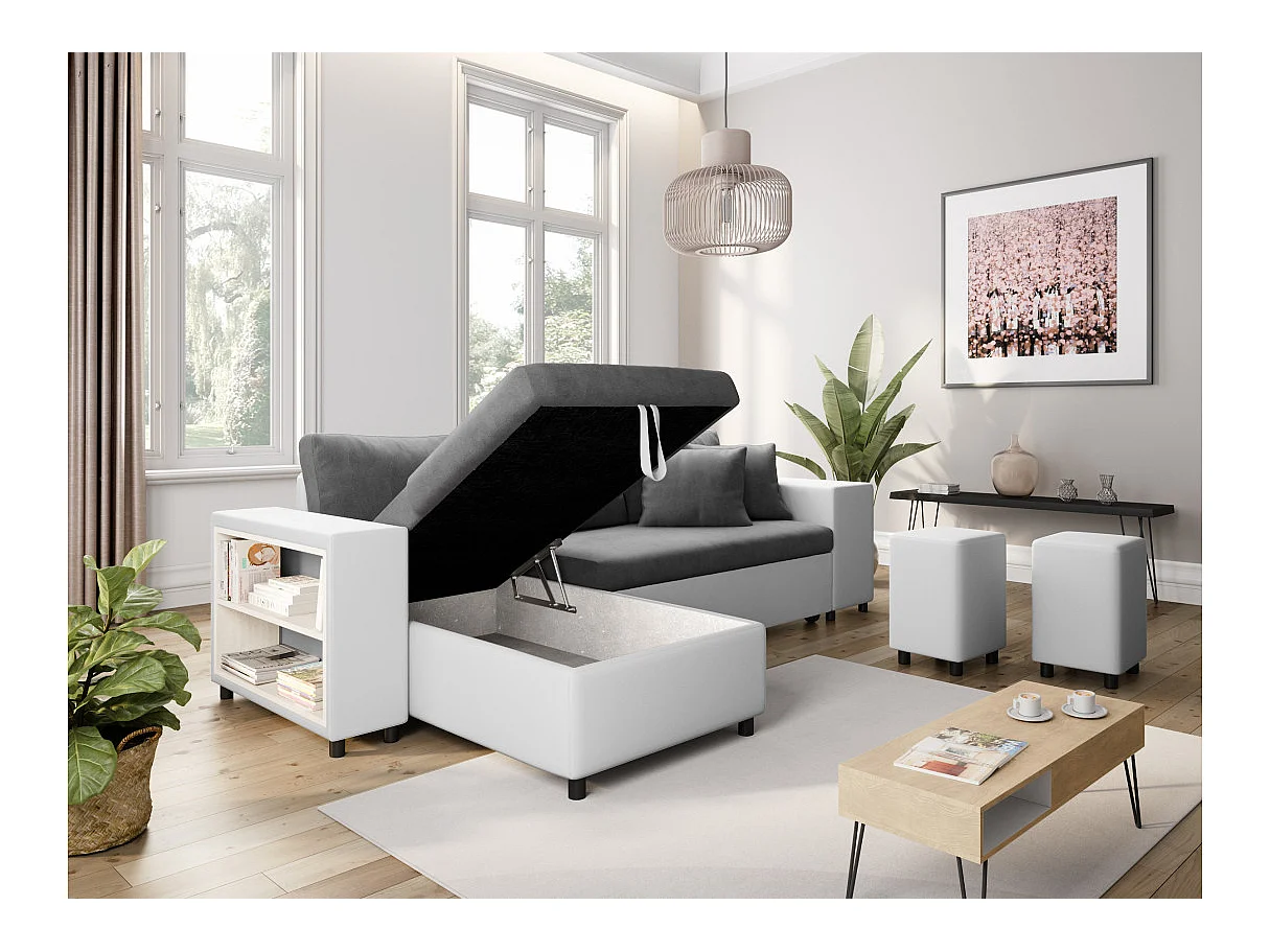 Canapé d'angle convertible 7 places avec pouf en simili cuir gris