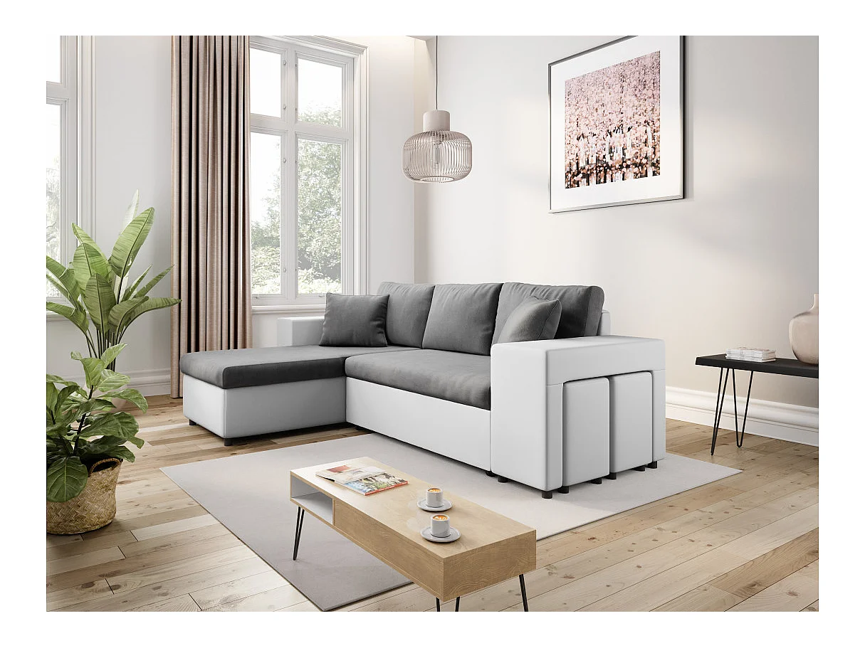 Canapé d'angle convertible 7 places avec pouf en simili cuir gris