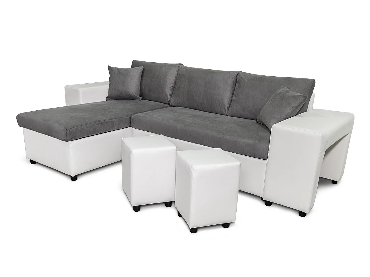 Canapé d'angle convertible 7 places avec pouf en simili cuir gris