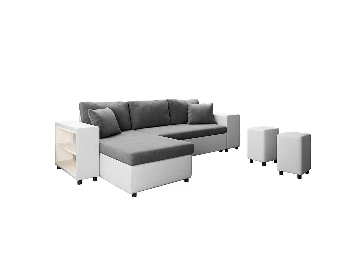 Canapé d'angle convertible 7 places avec pouf en simili cuir gris
