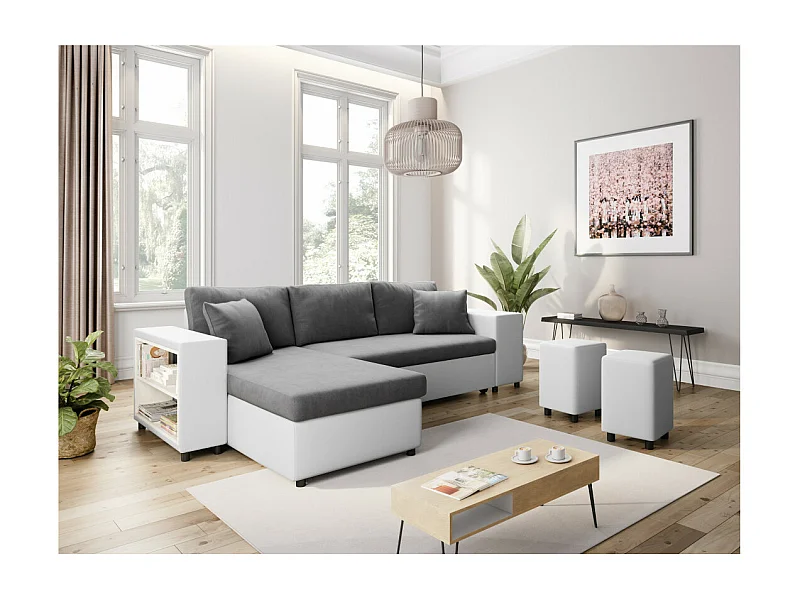 Canapé d'angle réversible Mady bimatière gris/blanc avec coffre accoudoir étagère et poufs droit - L254 x P146 x H81cm - Loungitude