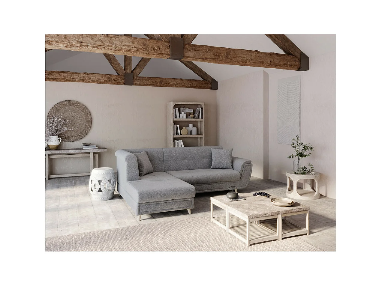 Canapé d'angle gauche 5 places Flavie convertible en tissu - Gris - L260 x 180 x 85cm - Loungitude
