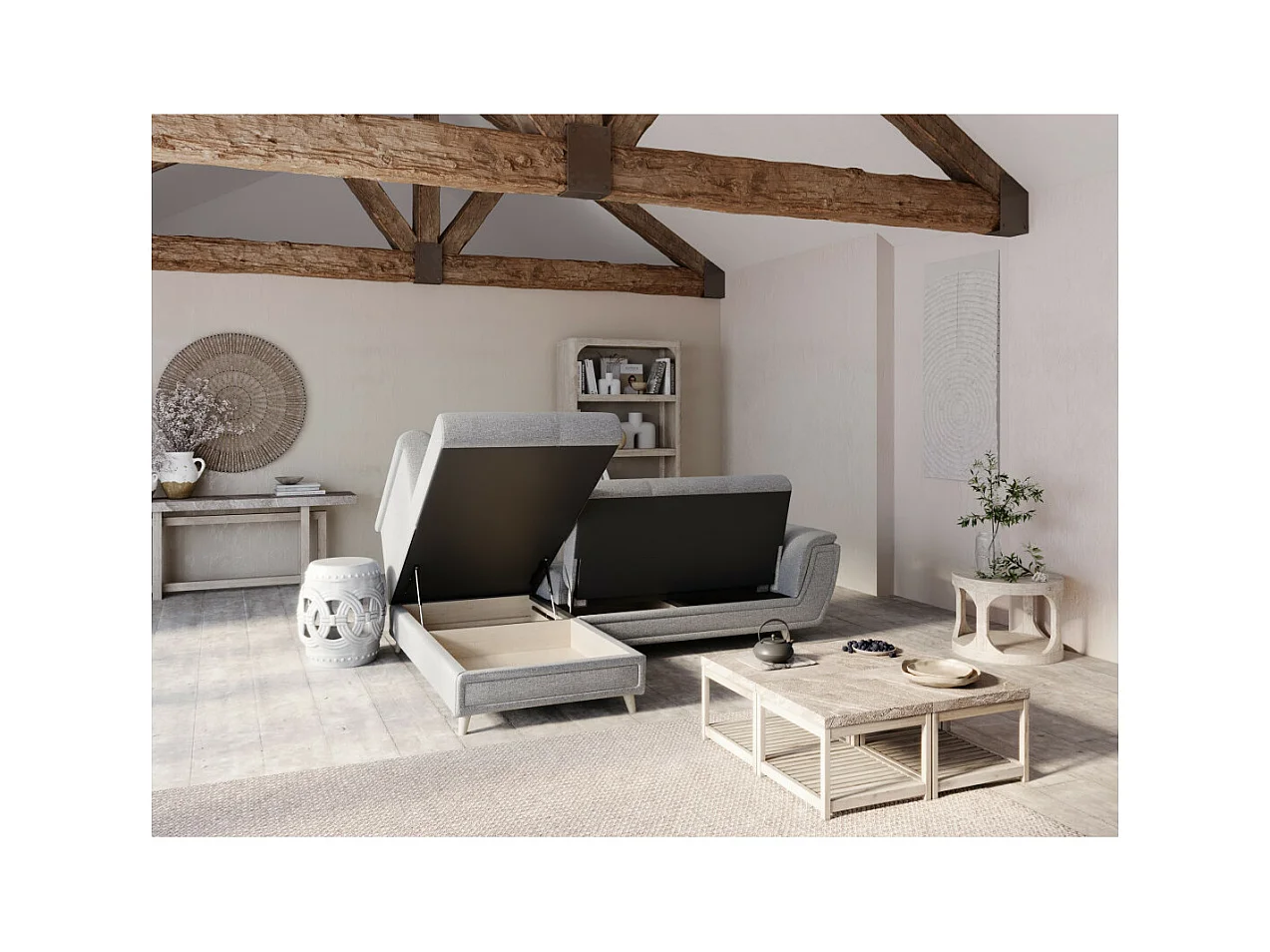 Canapé d'angle gauche 5 places Flavie convertible en tissu - Gris - L260 x 180 x 85cm - Loungitude