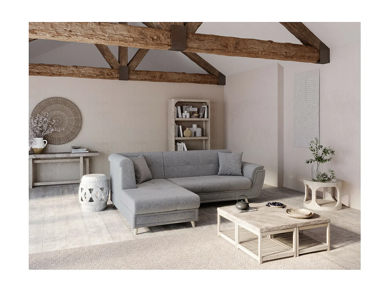 Canapé d'angle gauche 5 places Flavie convertible en tissu - Gris - L260 x 180 x 85cm - Loungitude
