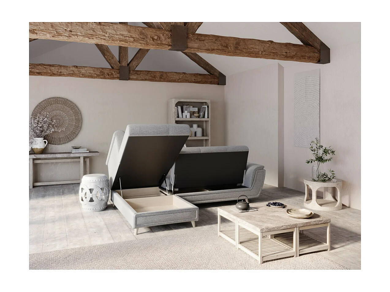 Canapé d'angle gauche 5 places Flavie convertible en tissu - Gris - L260 x 180 x 85cm - Loungitude