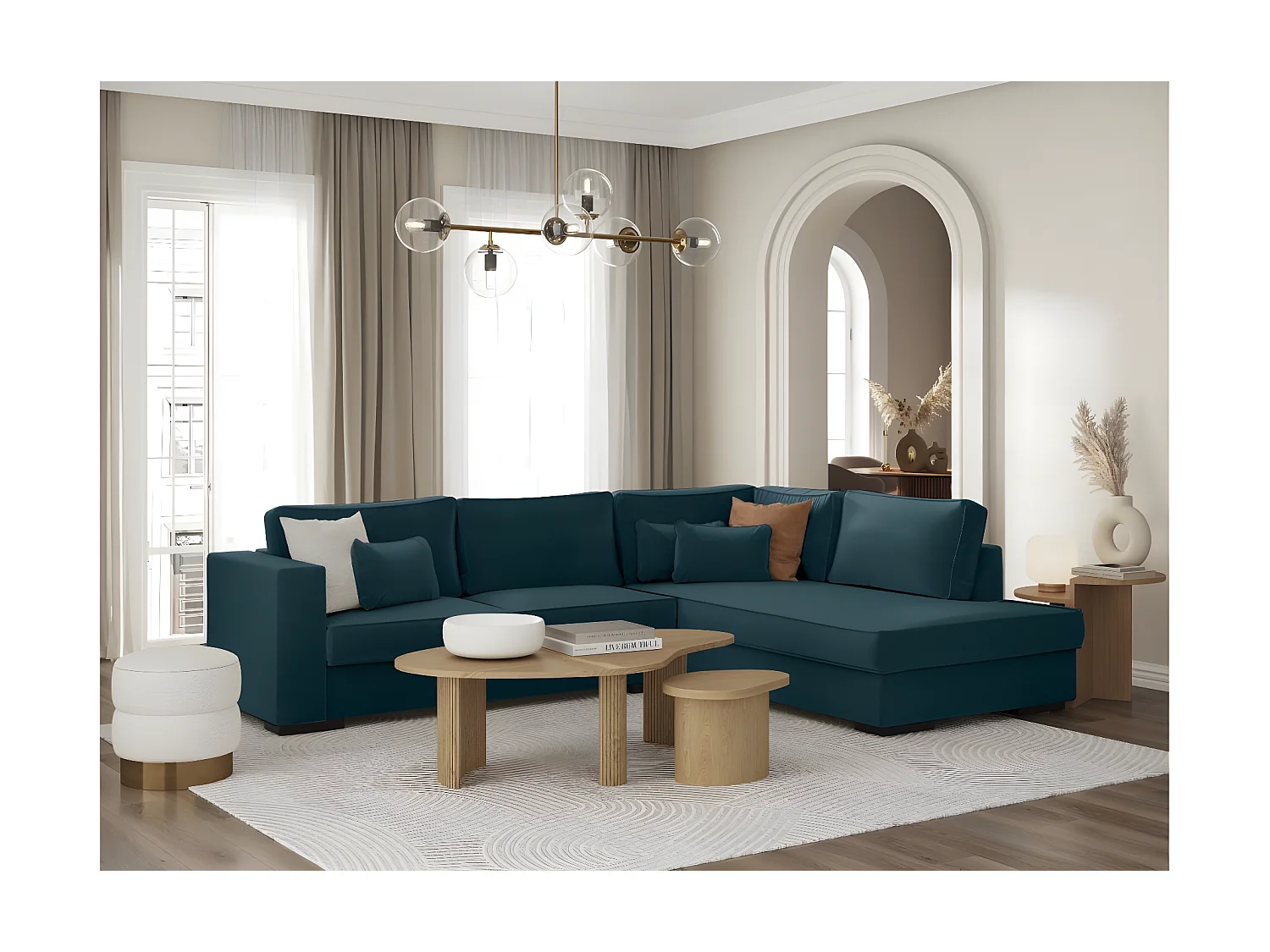 Canapé d'angle droit XXL Belami 6 places en tissu - Bleu pétrole - L303 x 228 x 86cm - Loungitude