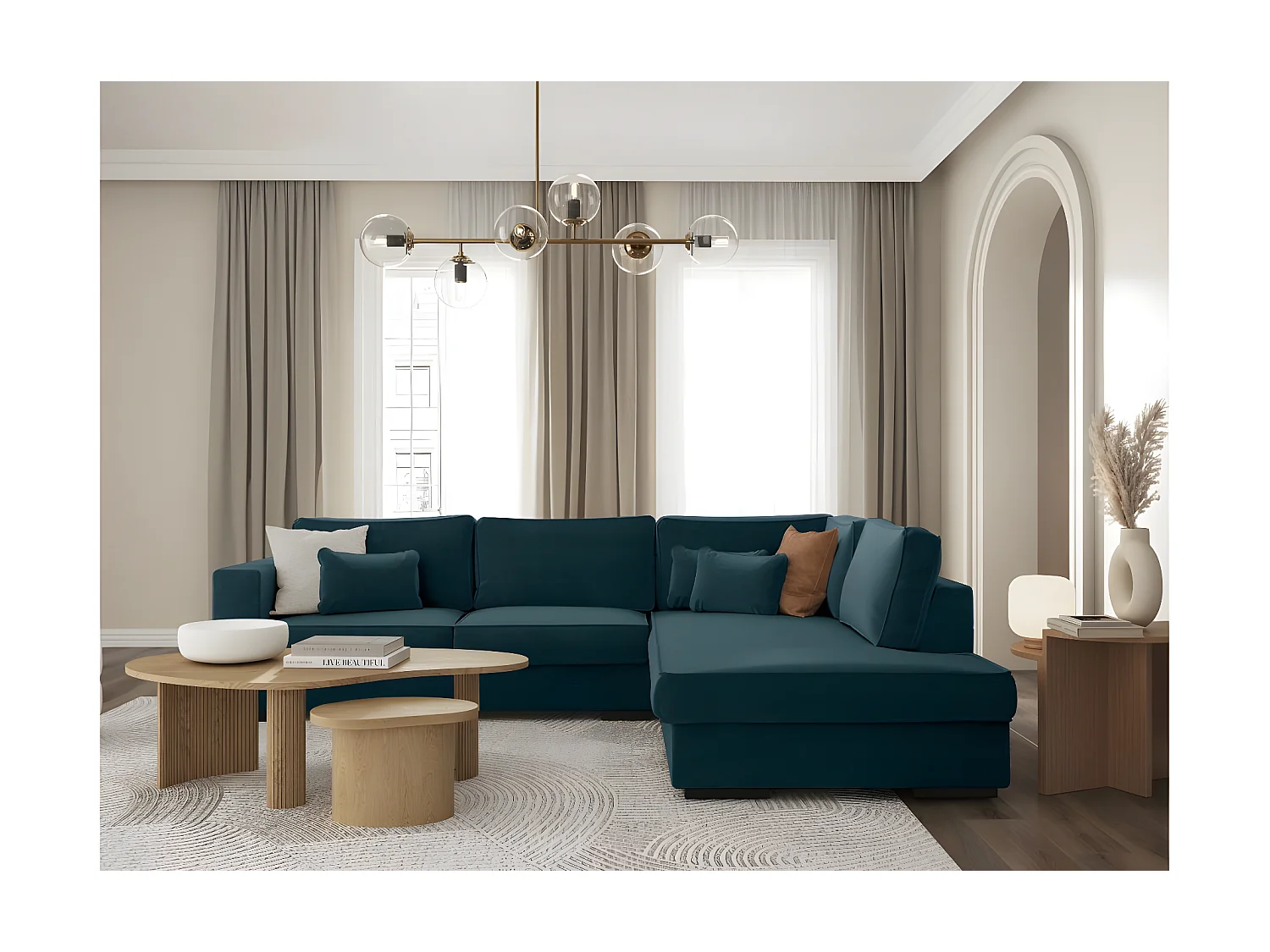 Canapé d'angle droit XXL Belami 6 places en tissu - Bleu pétrole - L303 x 228 x 86cm - Loungitude