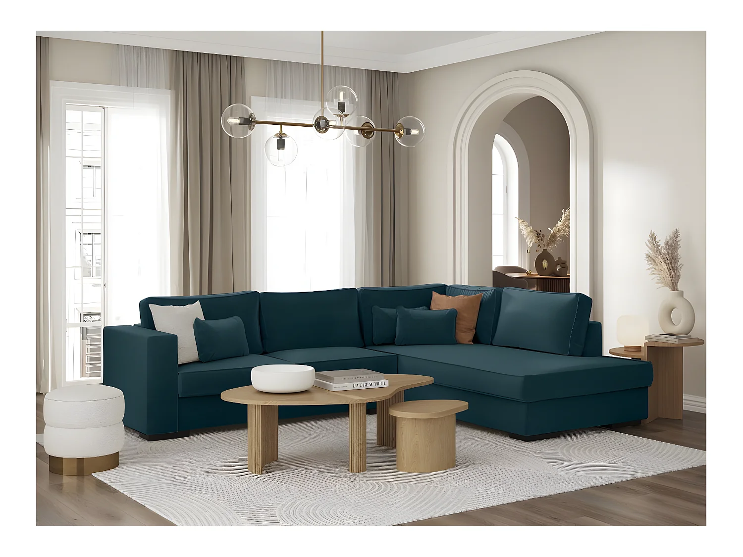 Canapé d'angle droit XXL Belami 6 places en tissu - Bleu pétrole - L303 x 228 x 86cm - Loungitude