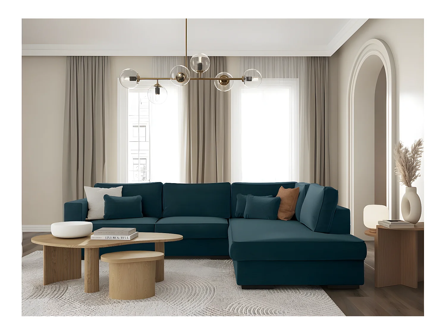 Canapé d'angle droit XXL Belami 6 places en tissu - Bleu pétrole - L303 x 228 x 86cm - Loungitude