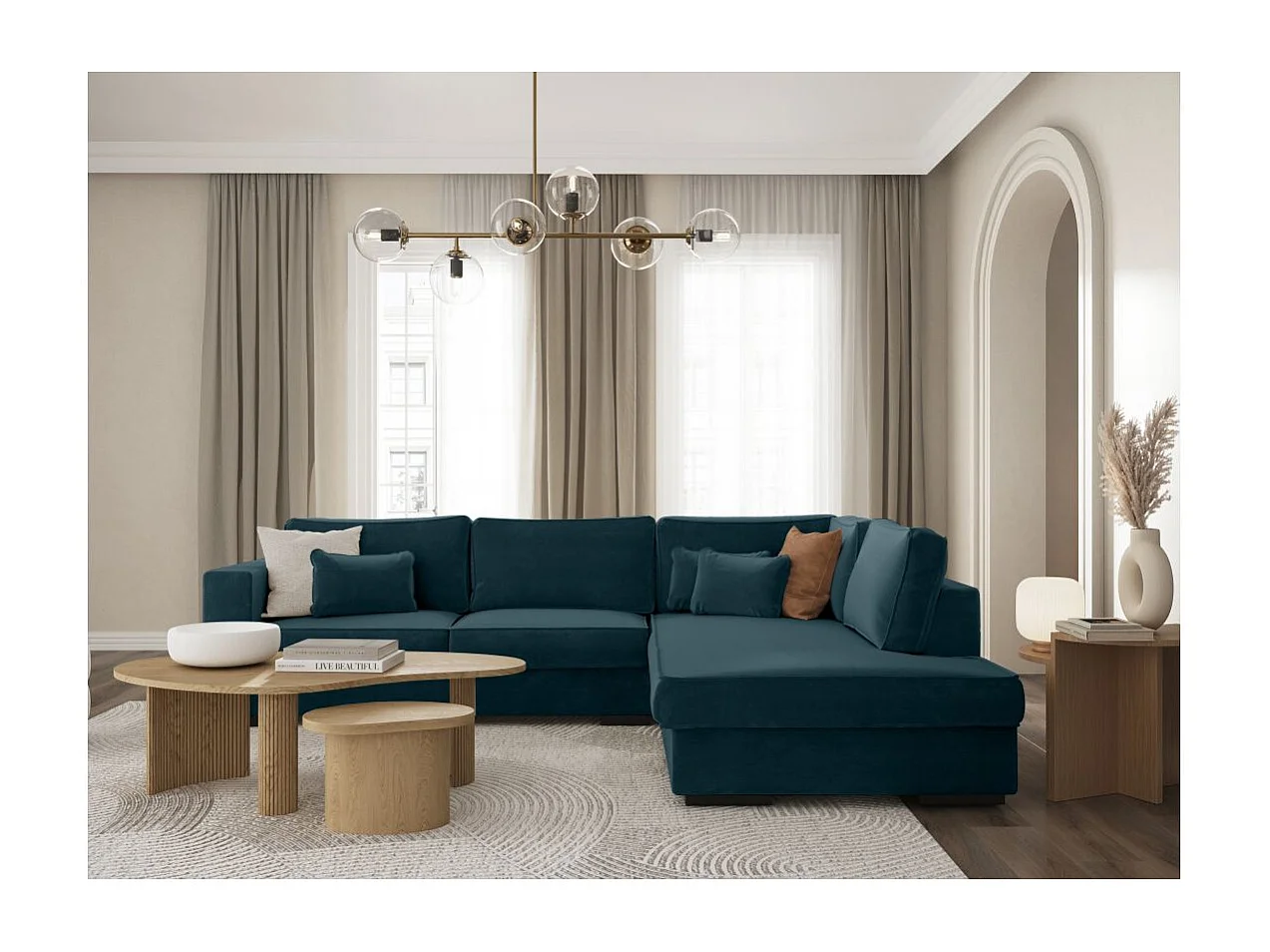 Canapé d'angle droit XXL Belami 6 places en tissu - Bleu pétrole - L303 x 228 x 86cm - Loungitude