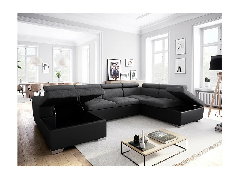 Canapé d'angle Panoramique 6 Places Paola Convertible en Simili et Tissu Avec Coffres - Gris/Noir - L322 x P196 x H76cm - Loungitude