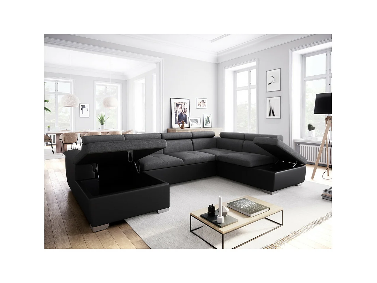 Canapé d'angle Panoramique 6 Places Paola Convertible en Simili et Tissu Avec Coffres - Gris/Noir - L322 x P196 x H76cm - Loungitude