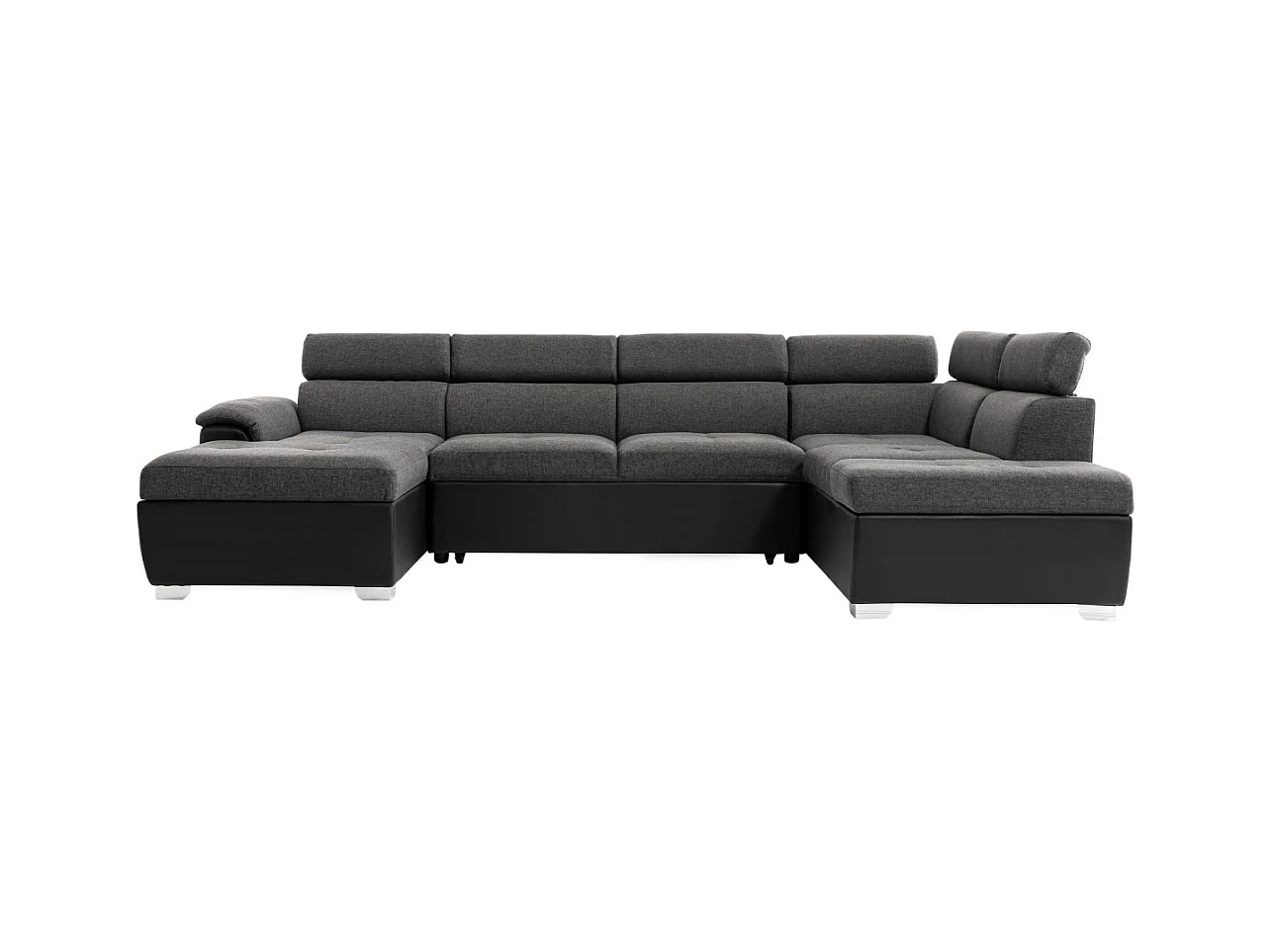 Canapé d'angle Panoramique 6 Places Paola Convertible en Simili et Tissu Avec Coffres - Gris/Noir - L322 x P196 x H76cm - Loungitude