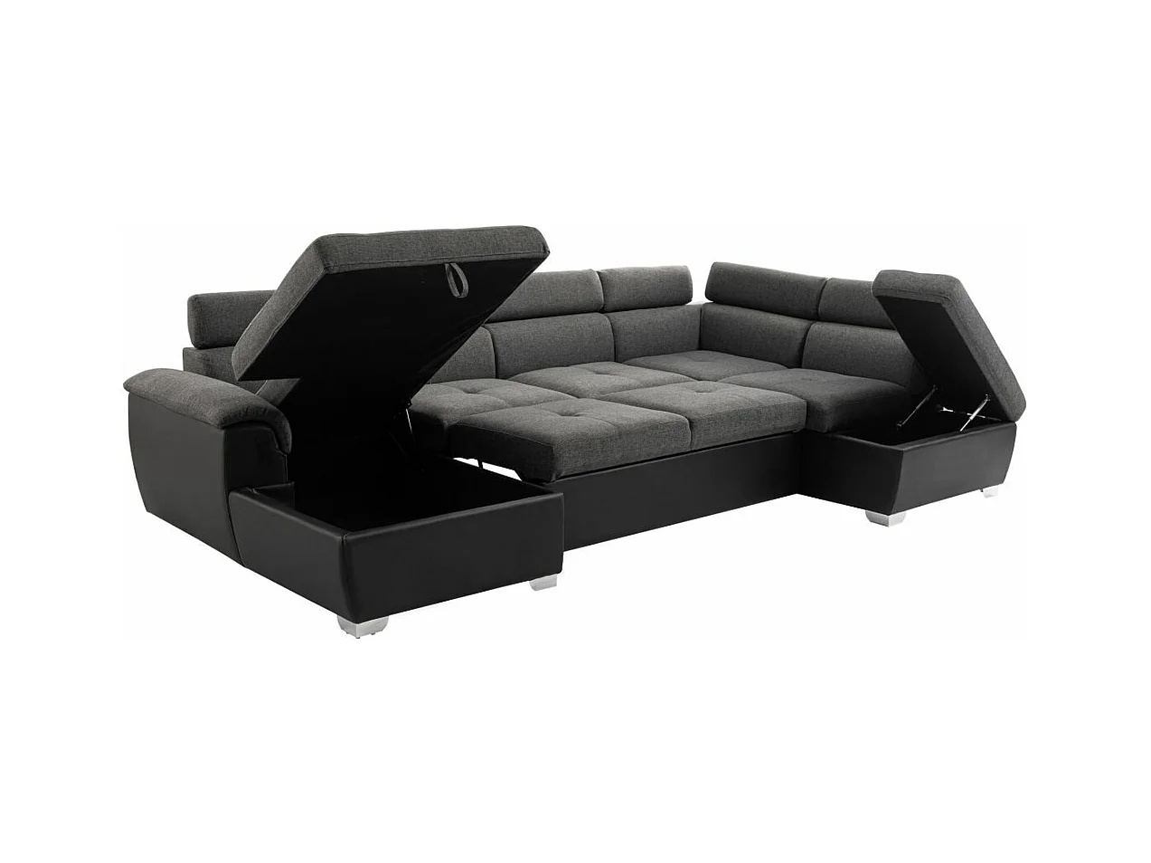 Canapé d'angle Panoramique 6 Places Paola Convertible en Simili et Tissu Avec Coffres - Gris/Noir - L322 x P196 x H76cm - Loungitude