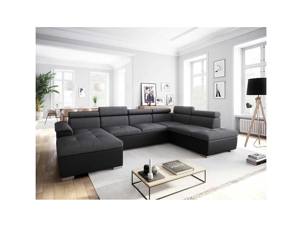 Canapé d'angle Panoramique 6 Places Paola Convertible en Simili et Tissu Avec Coffres - Gris/Noir - L322 x P196 x H76cm - Loungitude