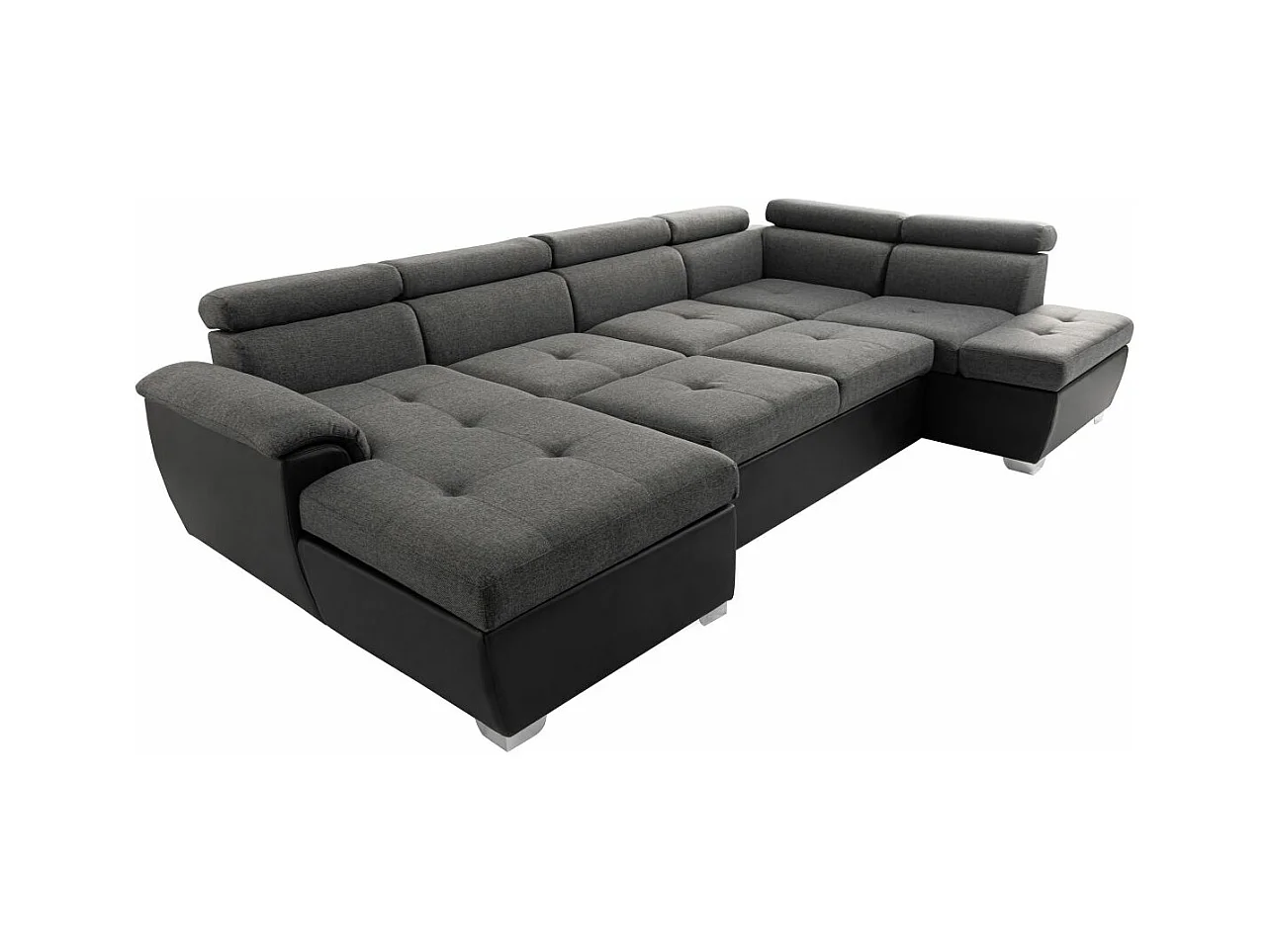 Canapé d'angle Panoramique 6 Places Paola Convertible en Simili et Tissu Avec Coffres - Gris/Noir - L322 x P196 x H76cm - Loungitude