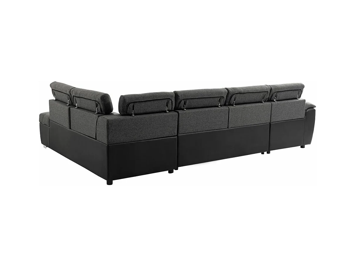 Canapé d'angle Panoramique 6 Places Paola Convertible en Simili et Tissu Avec Coffres - Gris/Noir - L322 x P196 x H76cm - Loungitude