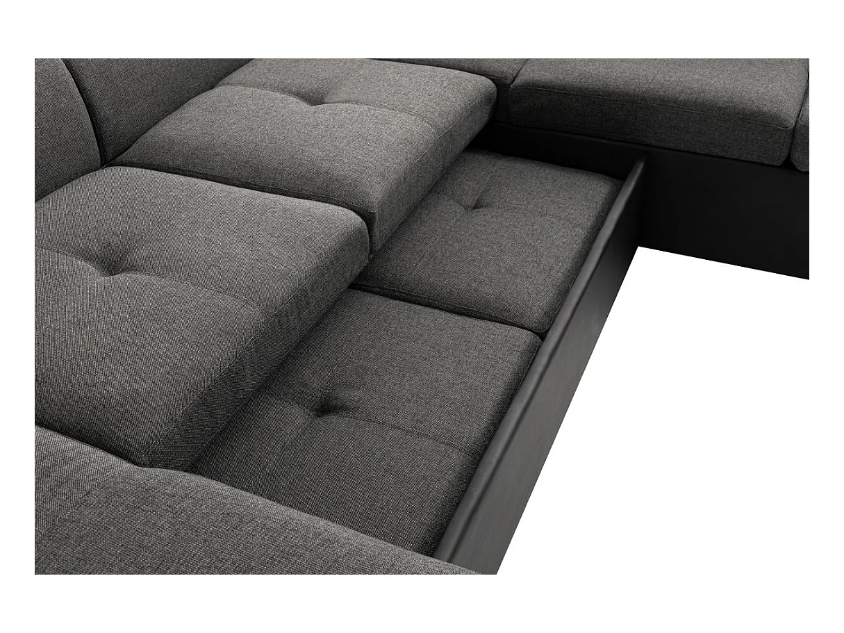 Canapé d'angle Panoramique 6 Places Paola Convertible en Simili et Tissu Avec Coffres - Gris/Noir - L322 x P196 x H76cm - Loungitude