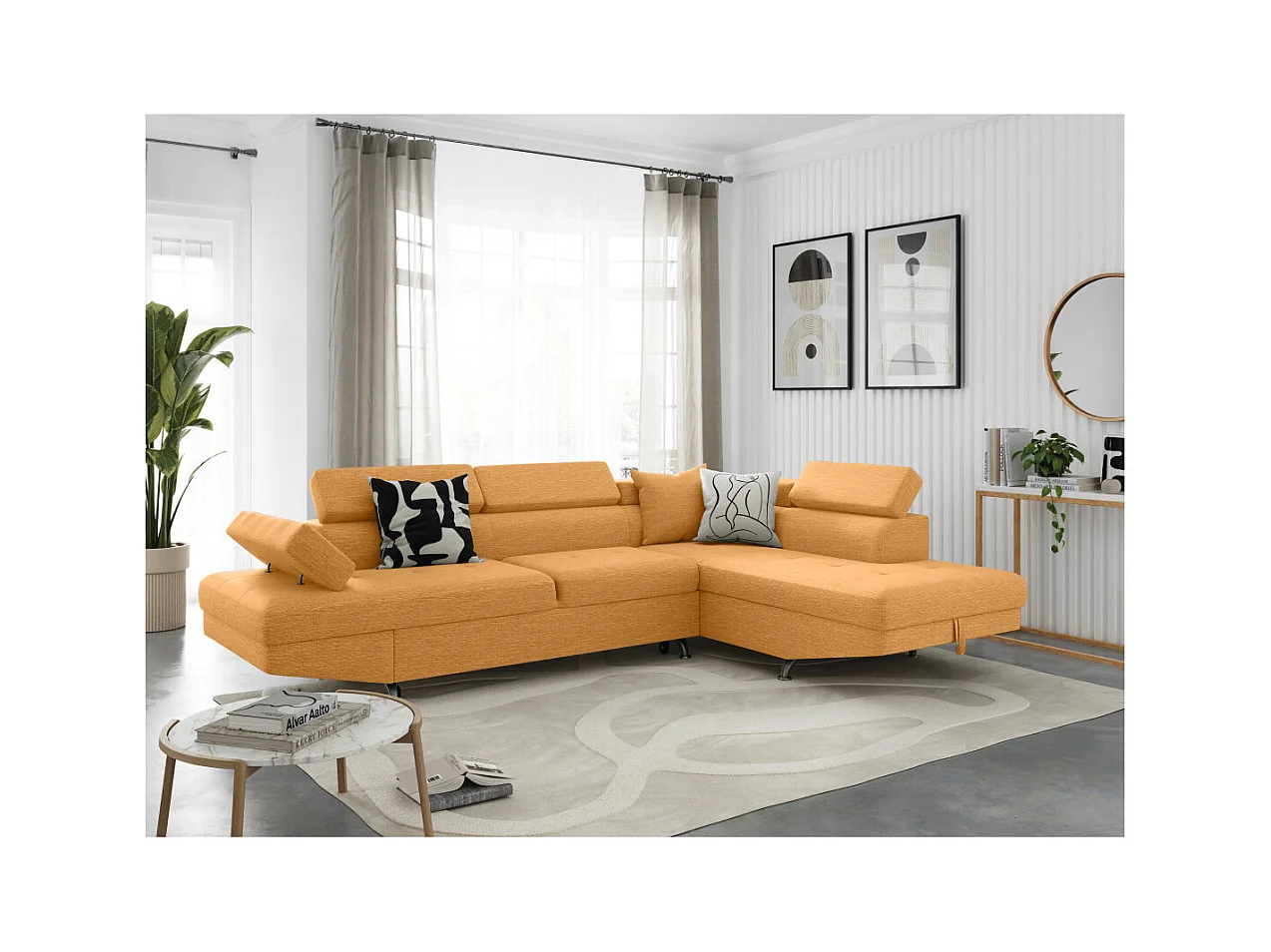 Canapé d'angle droit 5 places Rio Convertible avec coffre en tissu - Jaune ocre - L271 x P192 x H70cm - Loungitude