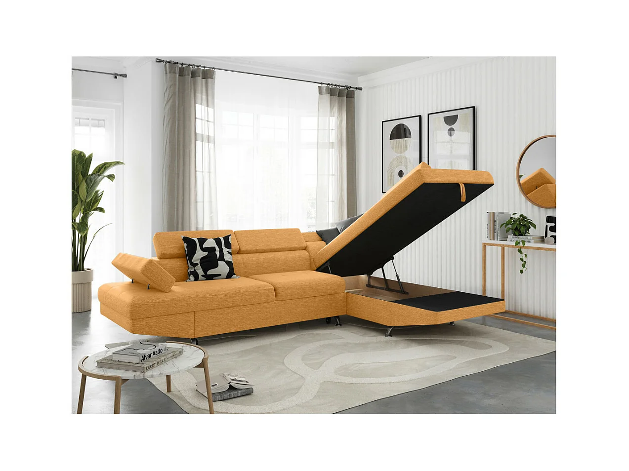 Canapé d'angle droit 5 places Rio Convertible avec coffre en tissu - Jaune ocre - L271 x P192 x H70cm - Loungitude