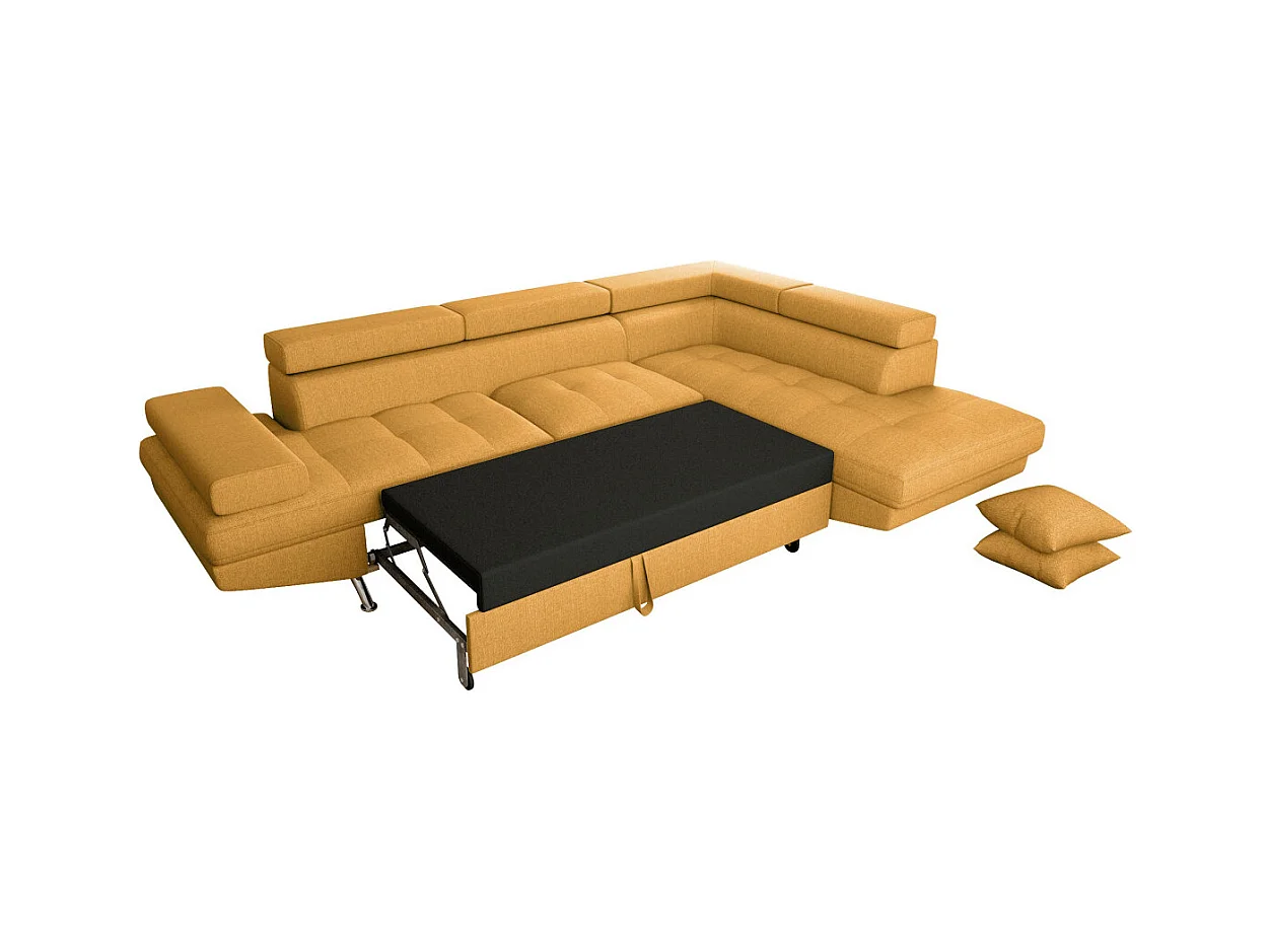 Canapé d'angle droit 5 places Rio Convertible avec coffre en tissu - Jaune ocre - L271 x P192 x H70cm - Loungitude