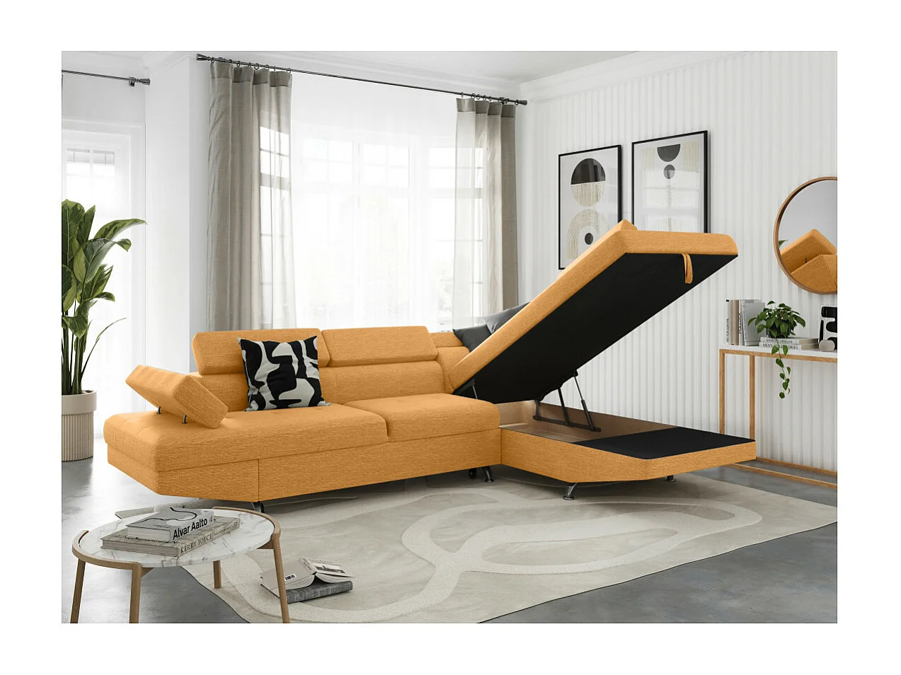 Canapé d'angle droit 5 places Rio convertible avec coffre en tissu - Jaune ocre - L271 x P192 x H70cm - Loungitude