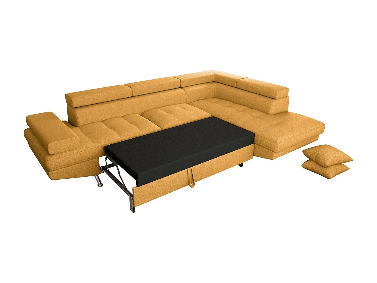 Canapé d'angle droit 5 places Rio convertible avec coffre en tissu - Jaune ocre - L271 x P192 x H70cm - Loungitude