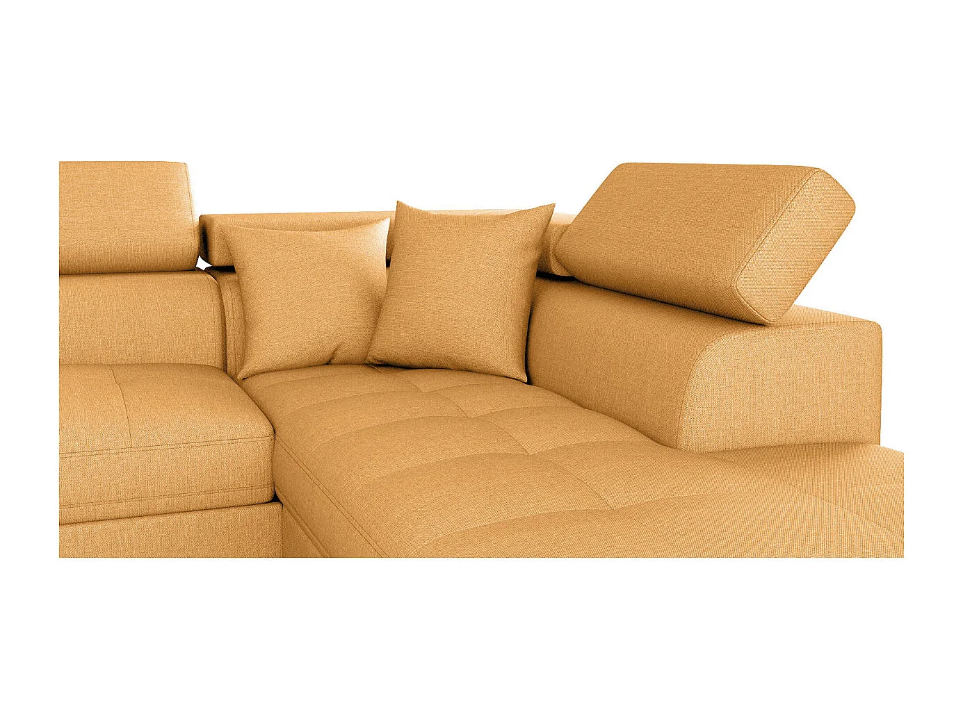 Canapé d'angle droit 5 places Rio convertible avec coffre en tissu - Jaune ocre - L271 x P192 x H70cm - Loungitude