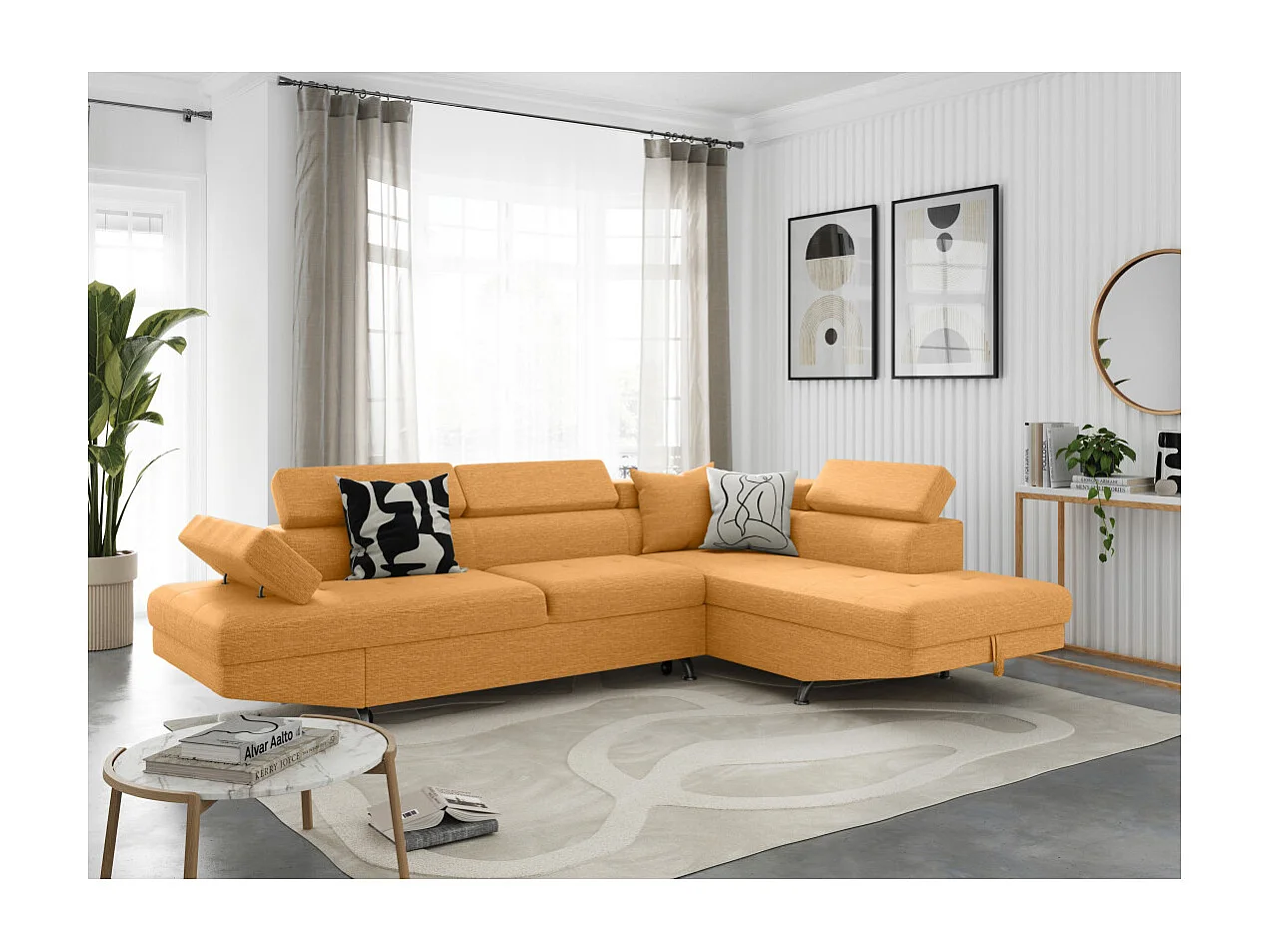 Canapé d'angle droit 5 places Rio convertible avec coffre en tissu - Jaune ocre - L271 x P192 x H70cm - Loungitude