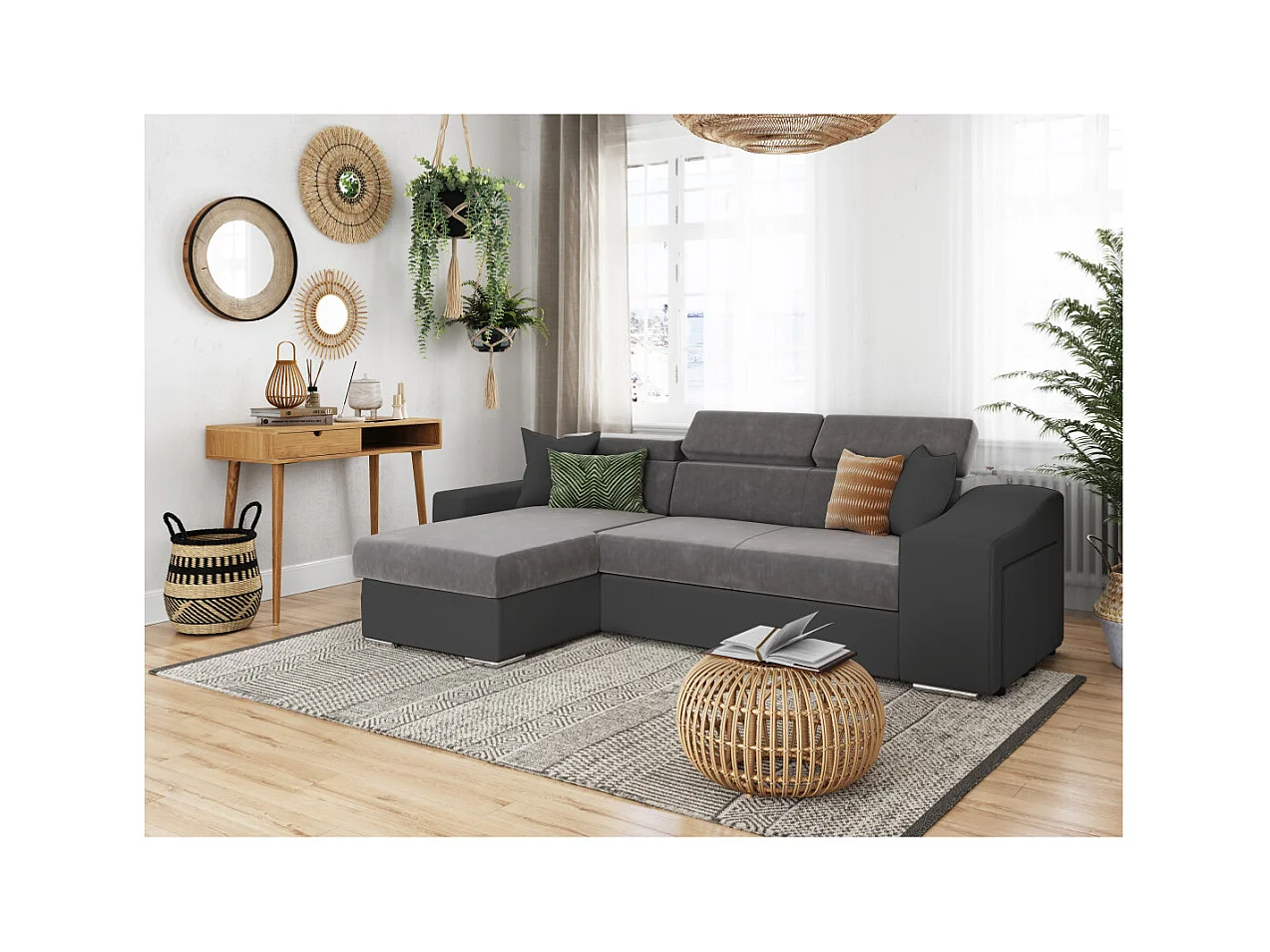 Canapé d'angle Elona convertible bi-matière Gris avec poufs de rangement à droite - L264 x P162 x H75cm - Loungitude