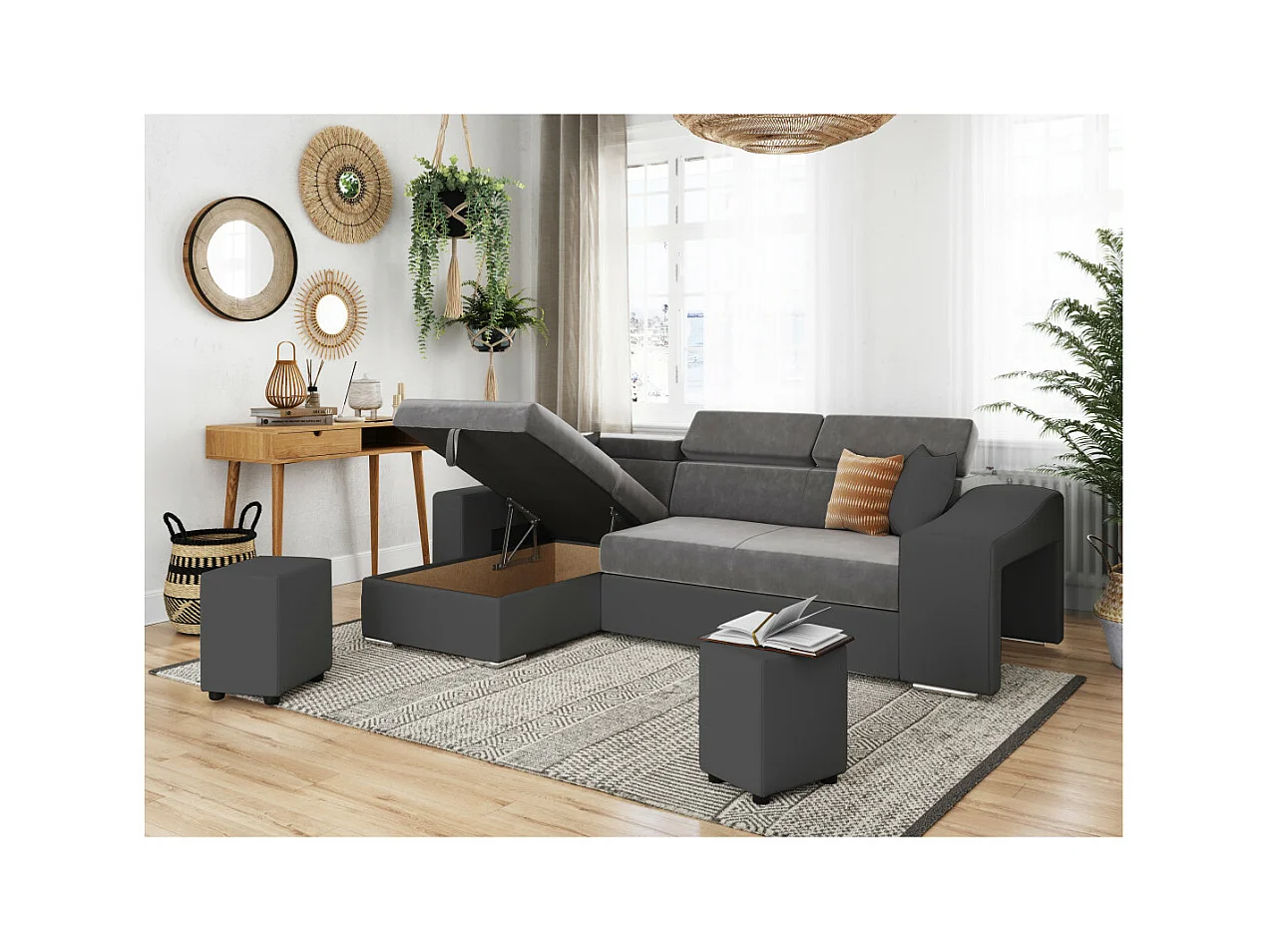 Canapé d'angle Elona convertible bi-matière Gris avec poufs de rangement à droite - L264 x P162 x H75cm - Loungitude