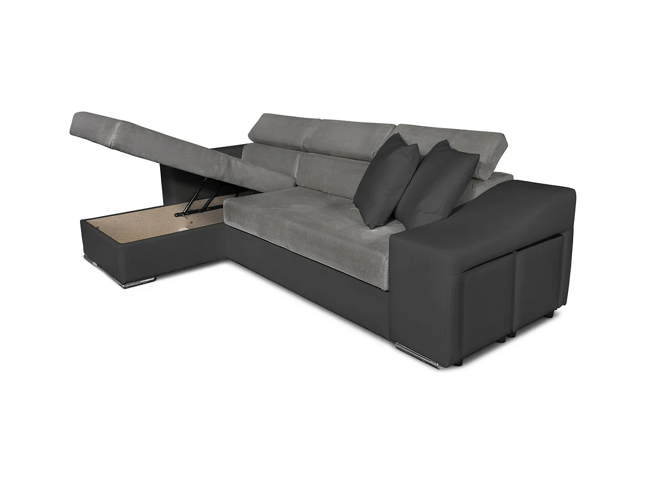 Canapé d'angle Elona convertible bi-matière Gris avec poufs de rangement à droite - L264 x P162 x H75cm - Loungitude
